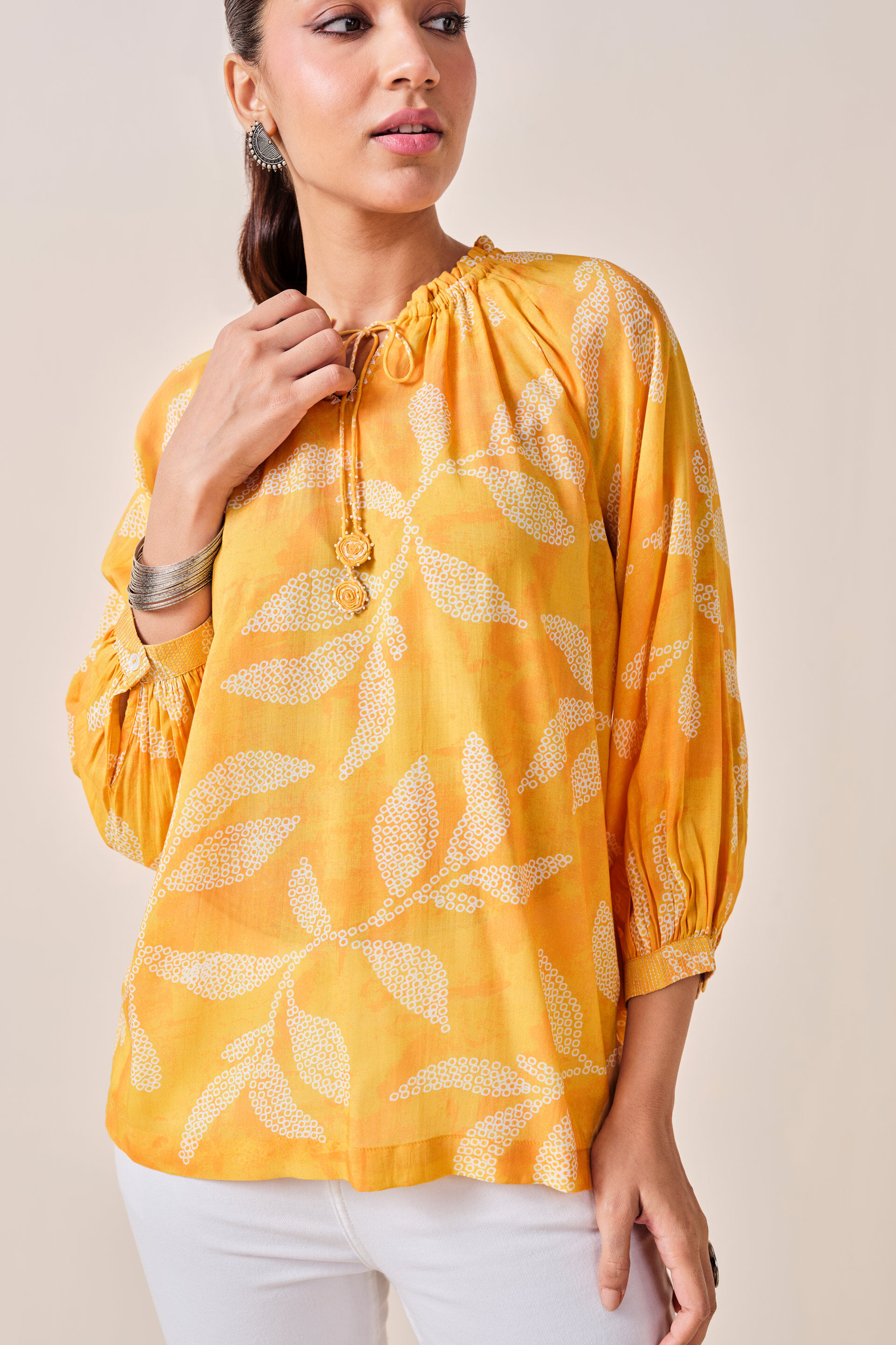 Mustard Leaf Print Viscose Top, Mustard, image 3