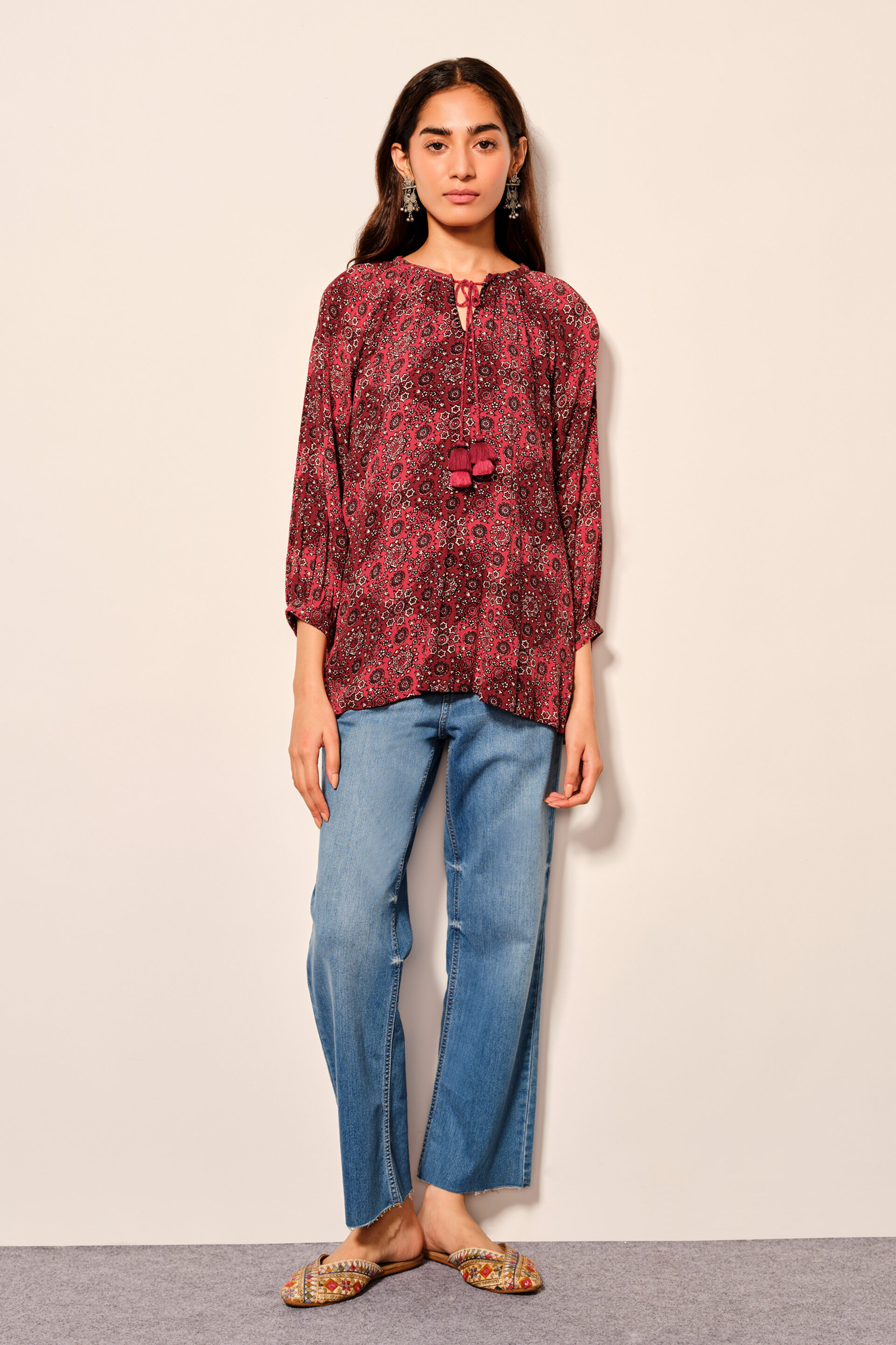 Rusted Red Ethnic Floral Print Viscose Top, Rust, image 3