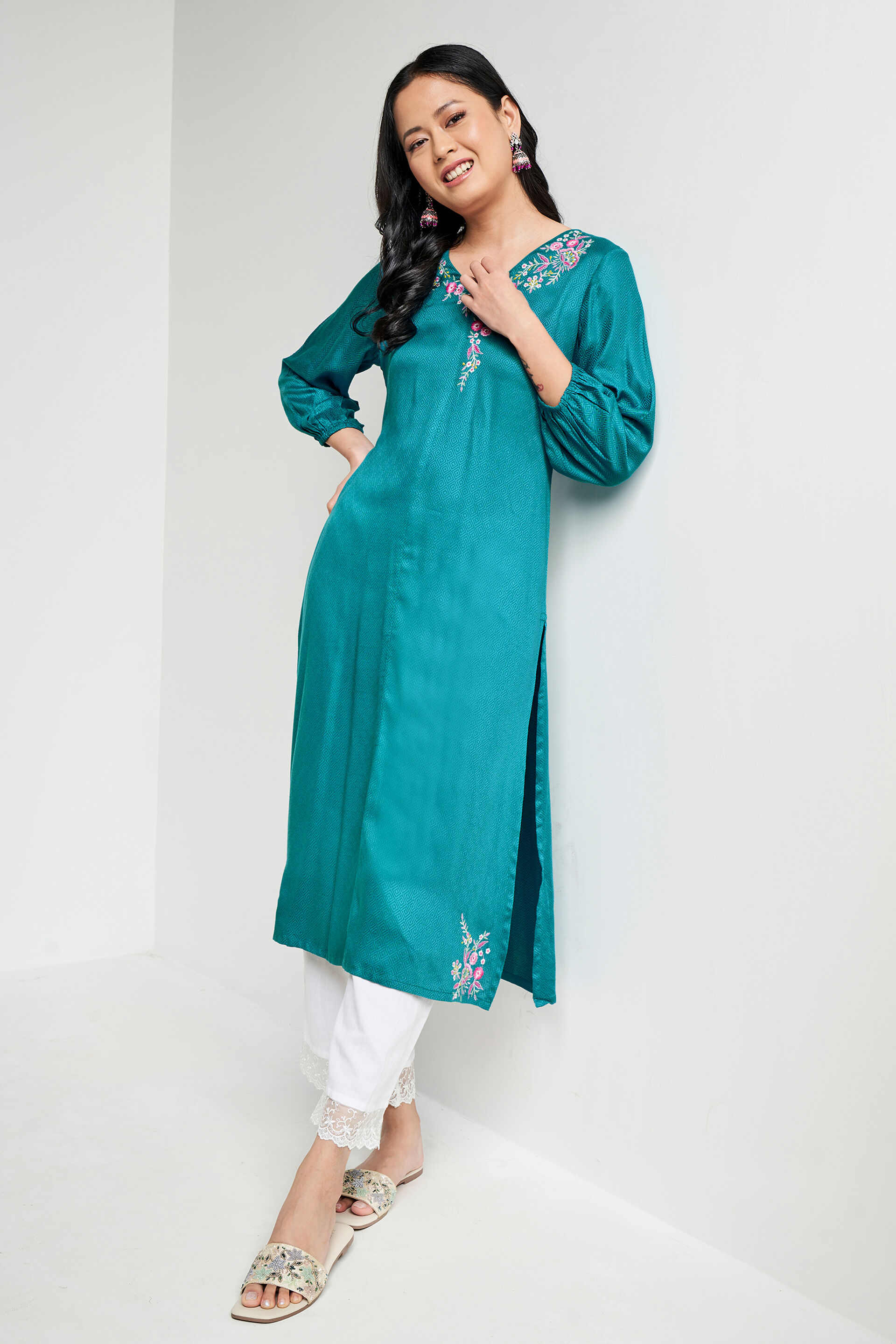 Teal Ethnic Motifs Straight Kurta, Teal, image 6