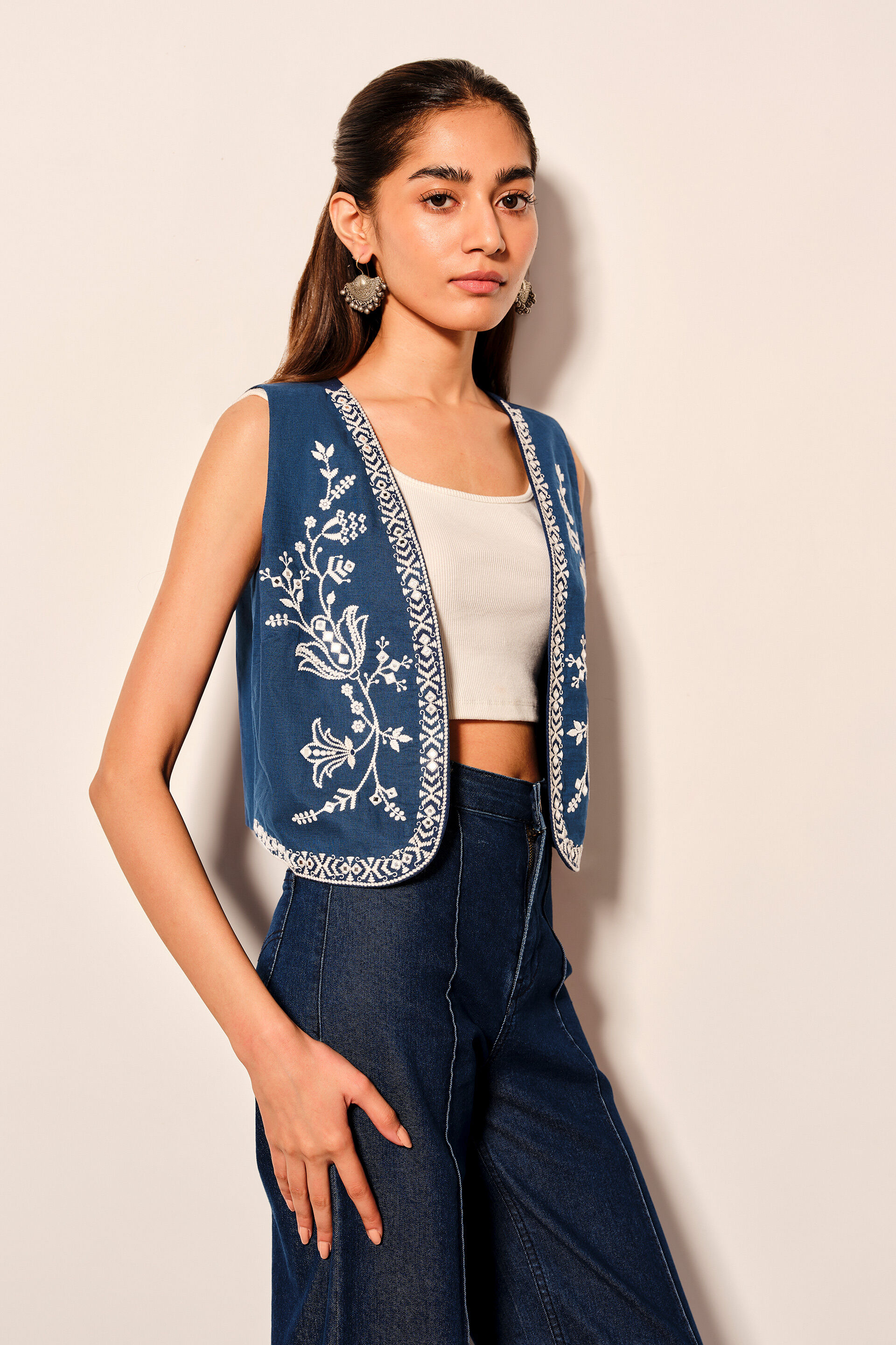 Indigo Blue Embroidered Cotton Vest, Navy Blue, image 7