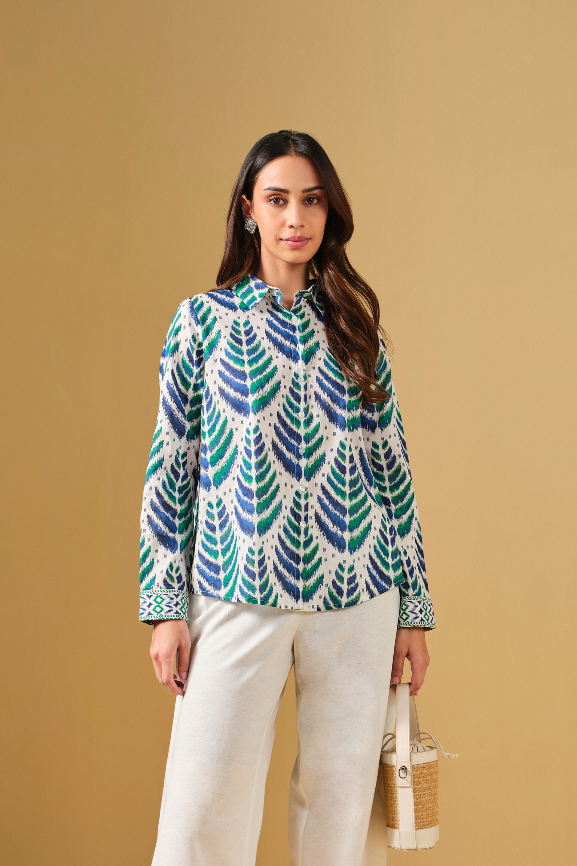 Ikat Inspired Cotton Shirt, White, image 7