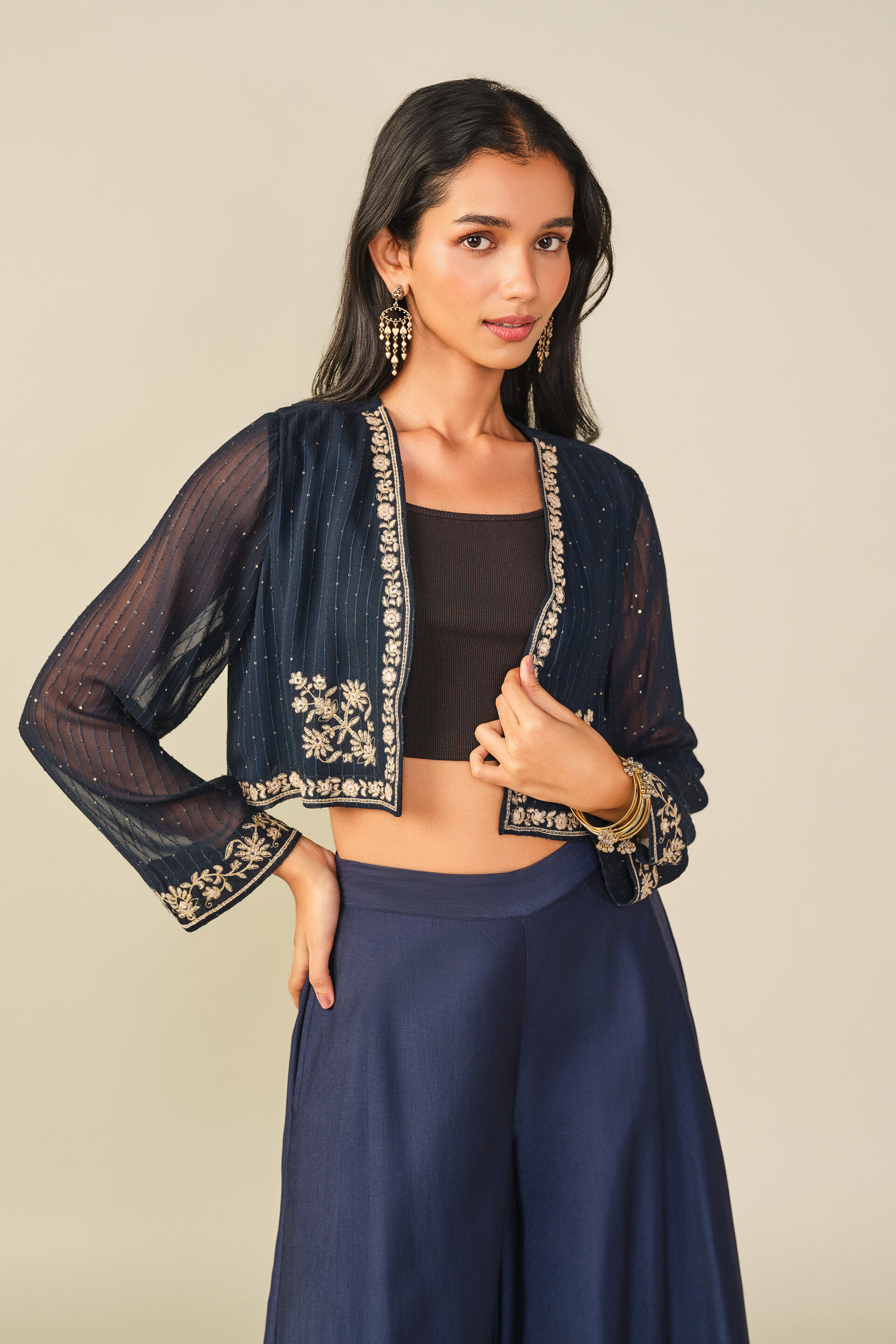 Embroidered Cropped Shrug in Indigo