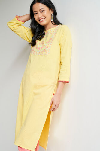 Yellow Solid Embroidered Straight Kurta, Yellow, image 4