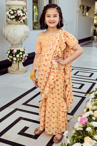 Yellow Smocking Floral Stitched Saree, Yellow, image 1