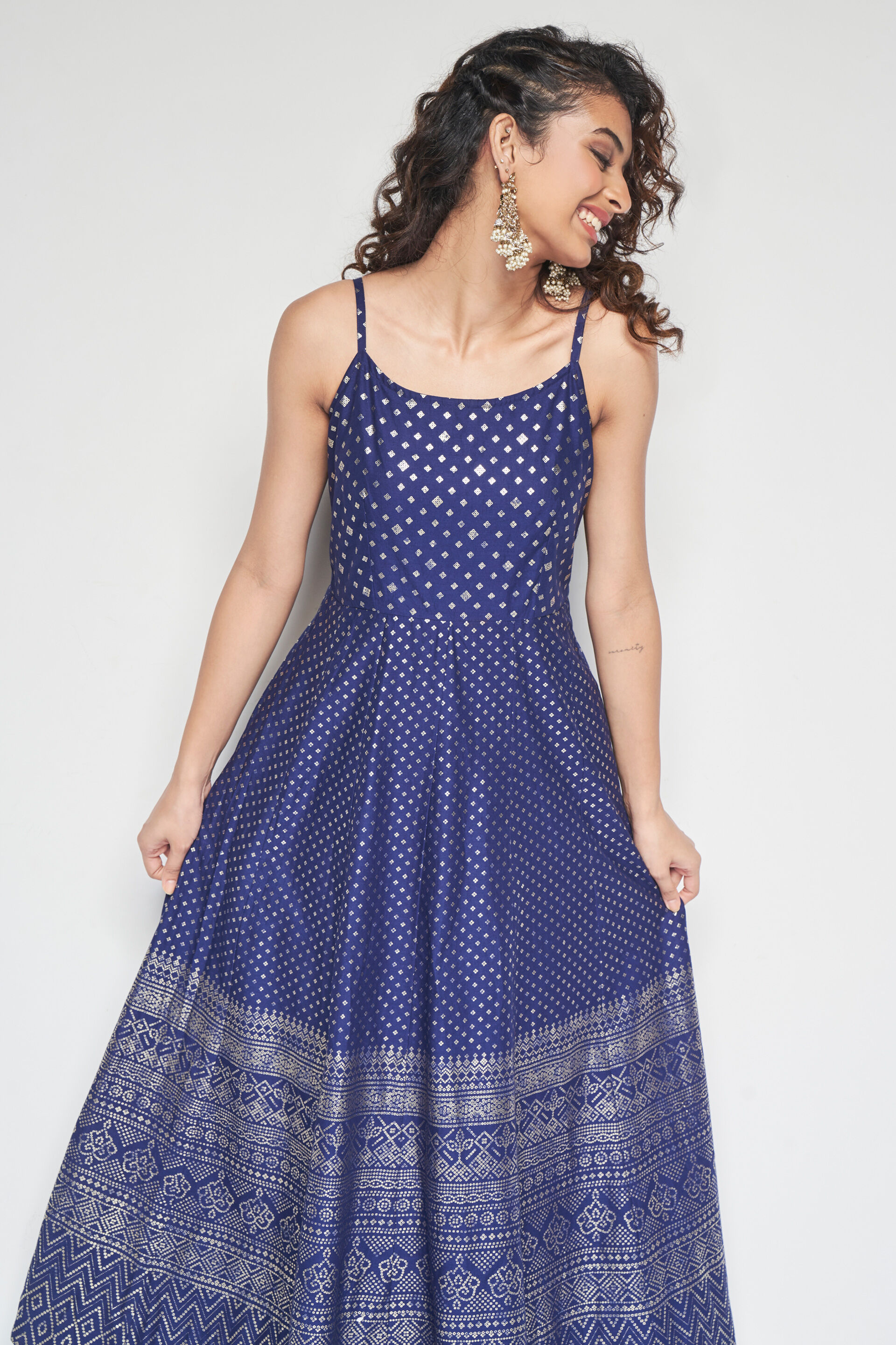 Buy our Dark Blue Foil Print Flared Maxi online from globaldesi.in