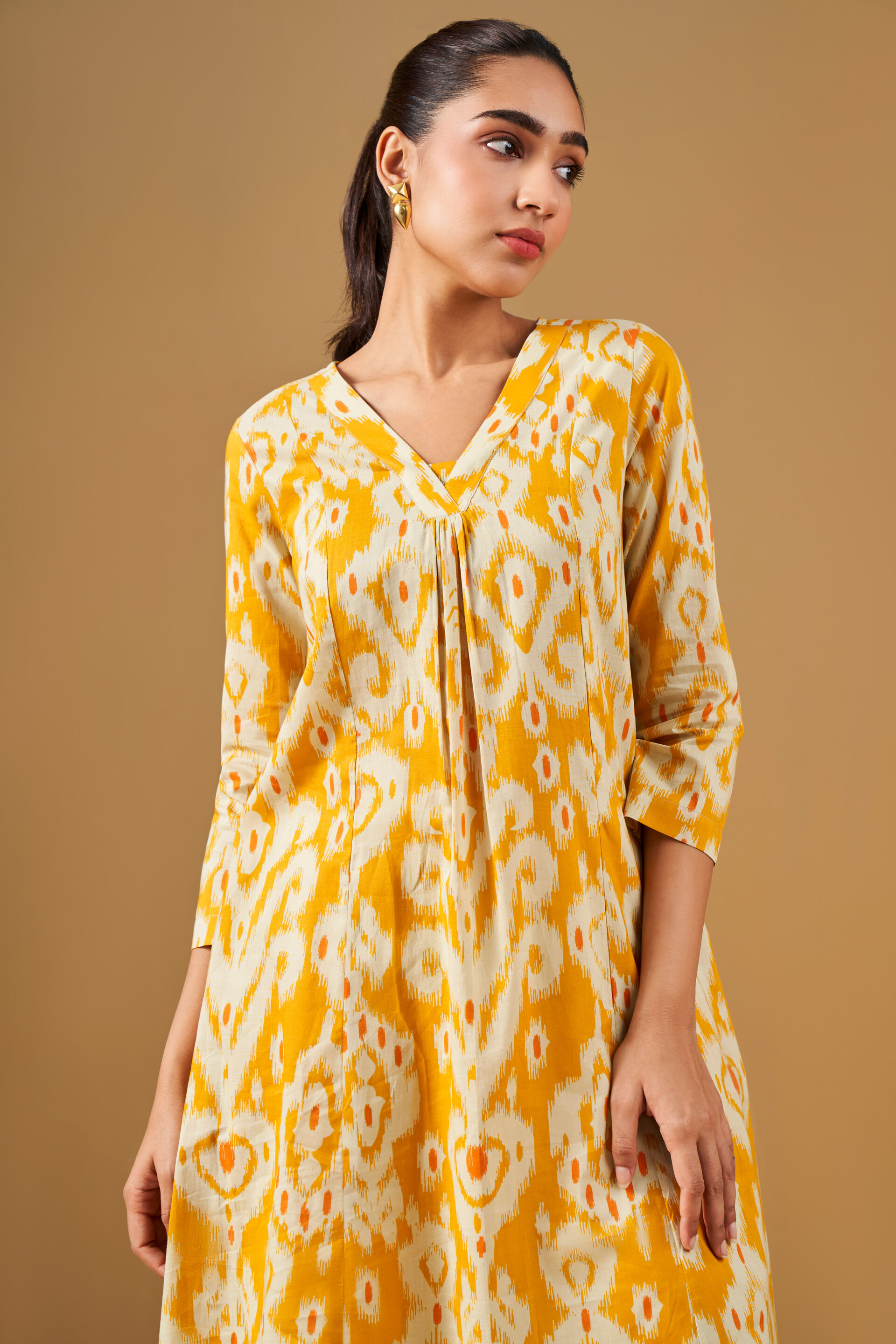Ikat Print Cotton A-Line Yellow Kurta, Mustard, image 3