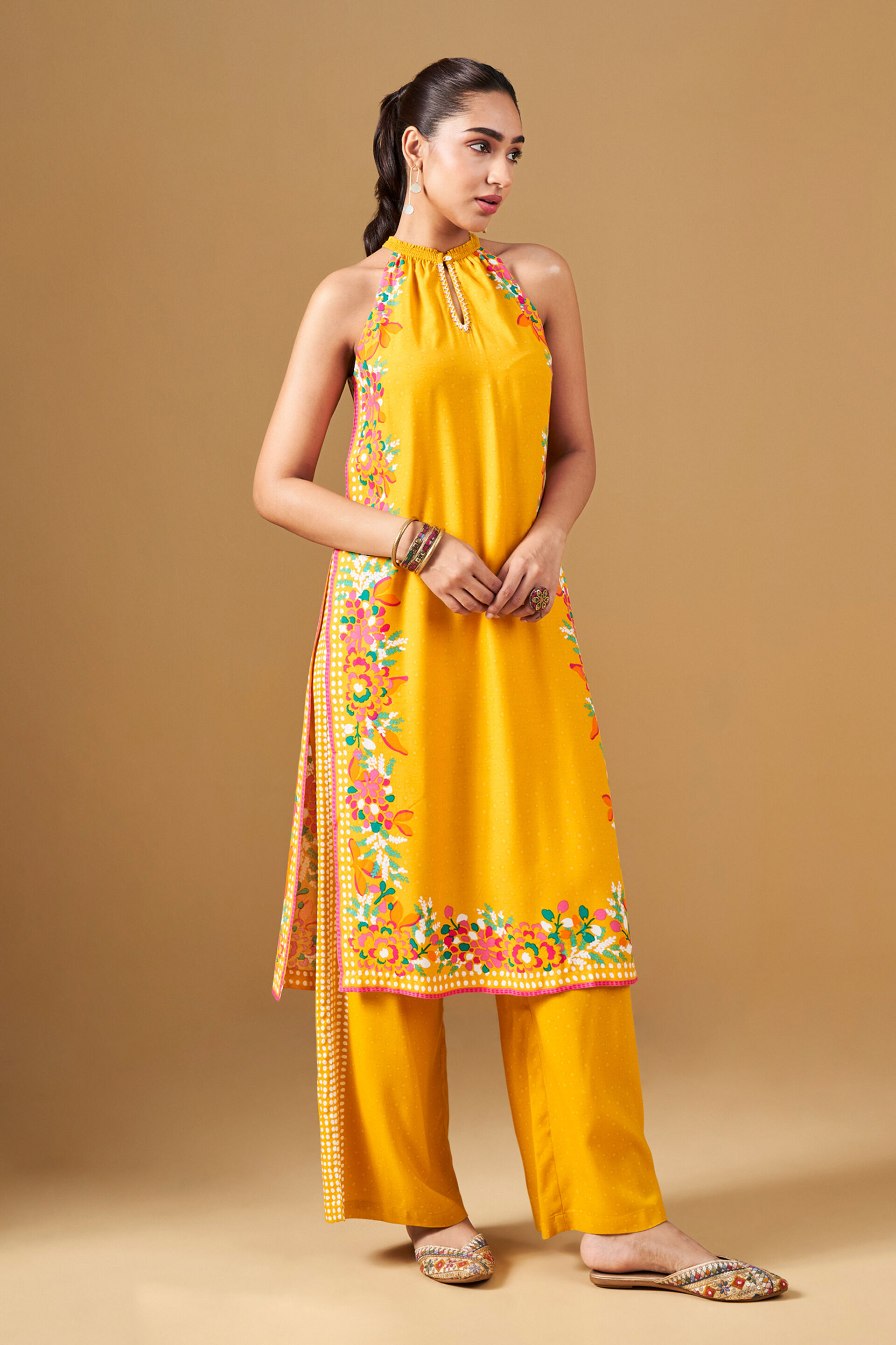 Floral Print Mustard Viscose Kurta Set, Mustard, image 2