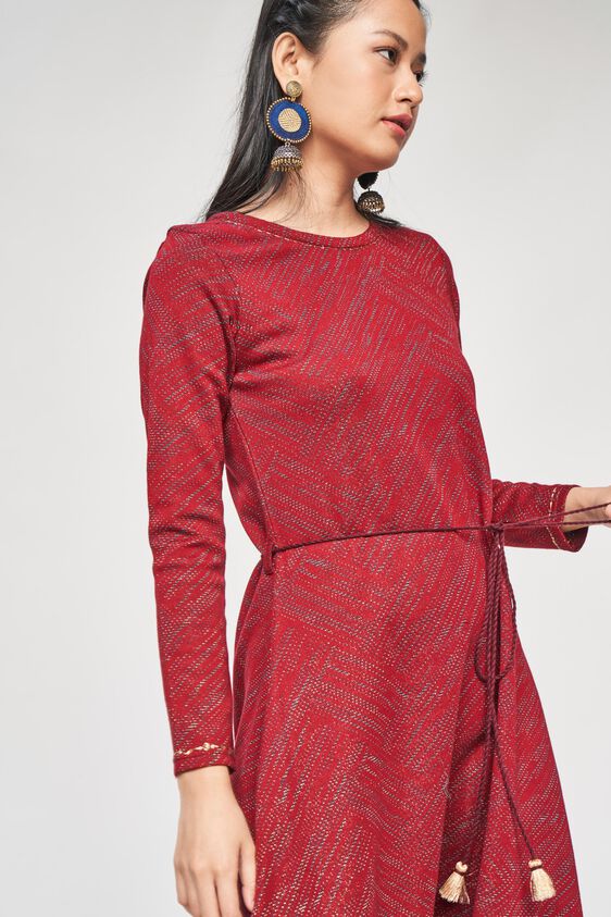 5 - Maroon Embroidered Round Neck Fit and Flare Dress, image 5