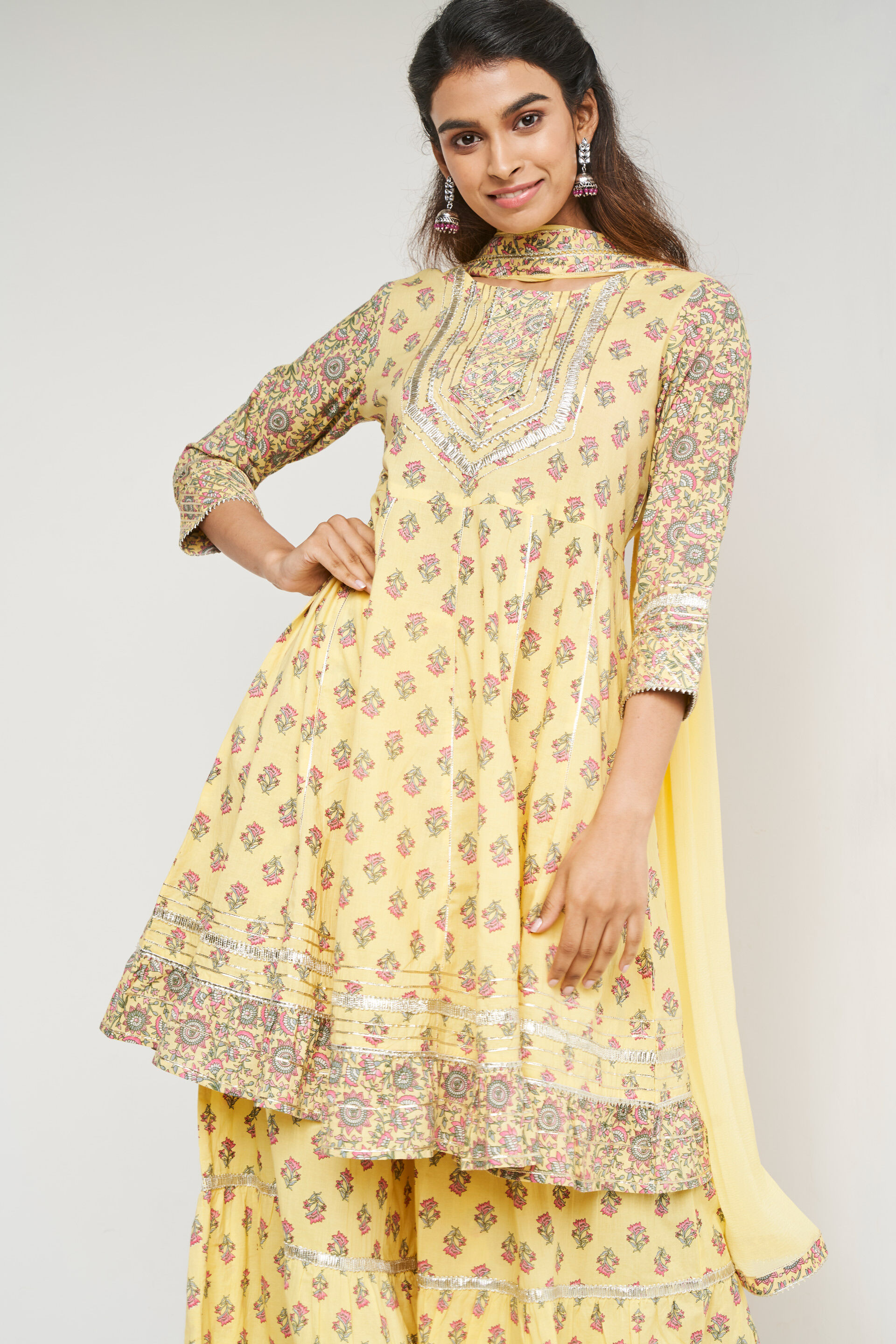 Yellow Ethnic Motifs Flared Suit, Yellow, image 2