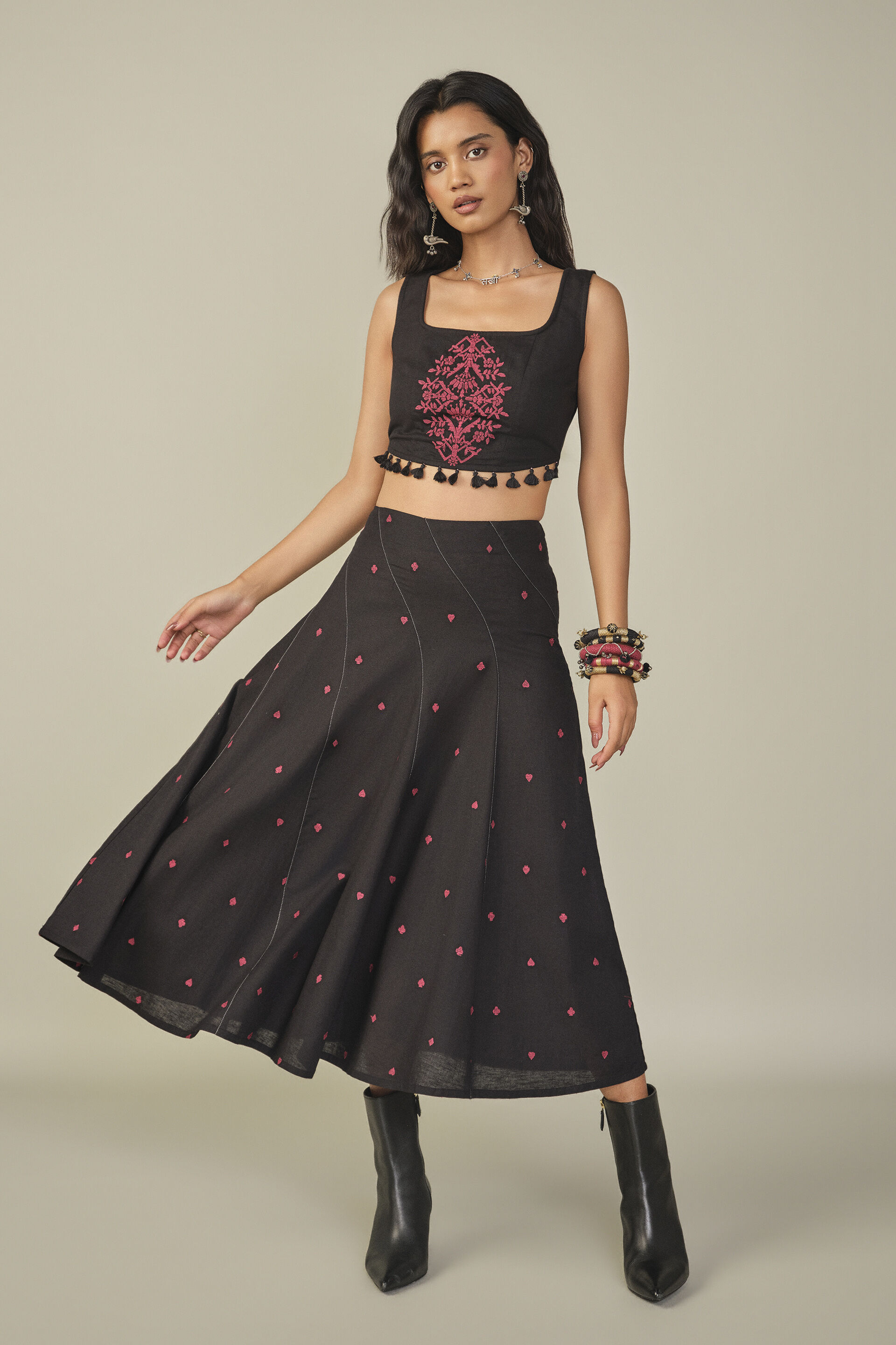 Embroidered Skirt Set in Black, Black, image 5