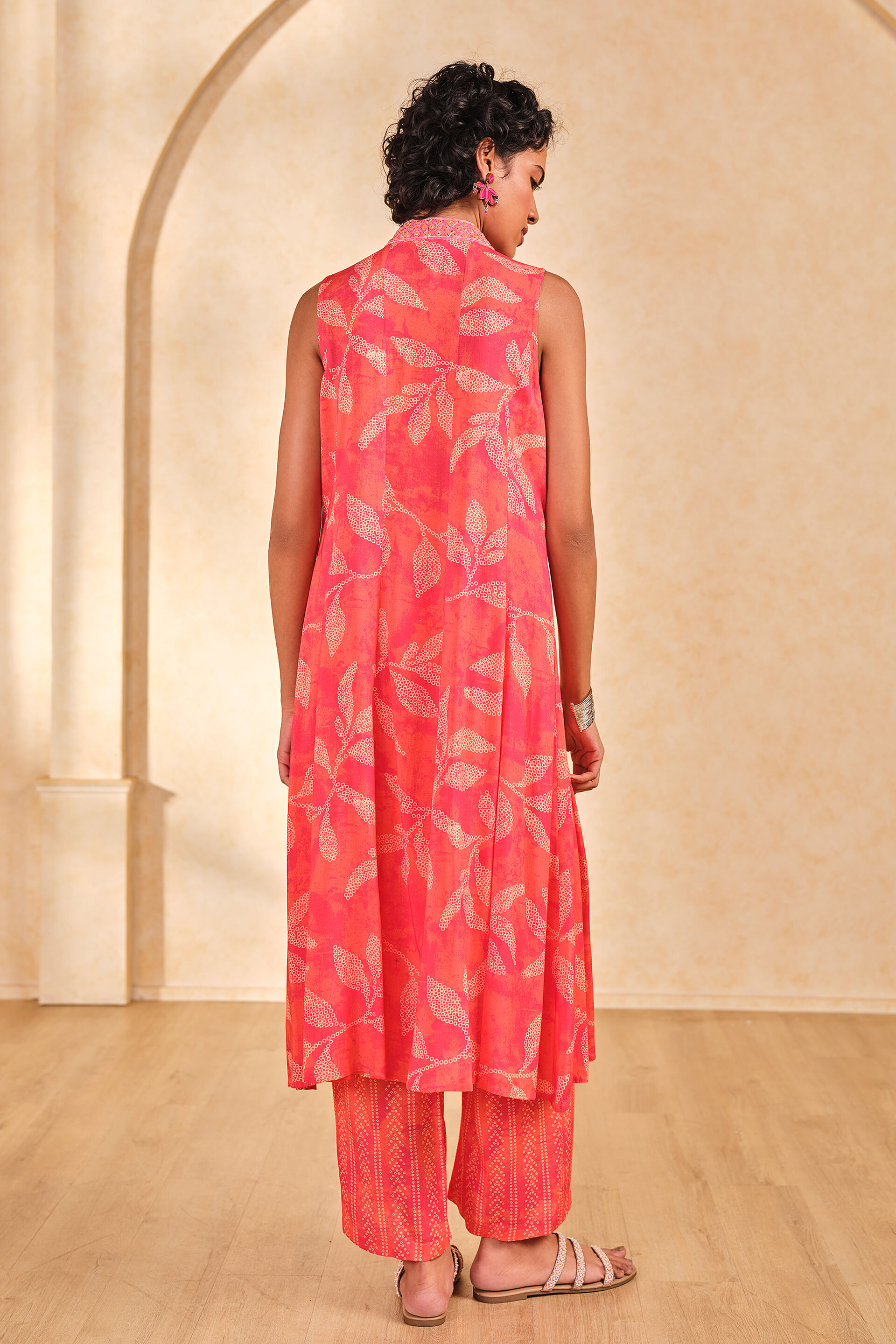 Leafy Print Kurta & Pant Set, Coral, image 3