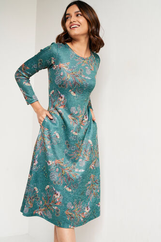 Green Floral Flared Dress, Green, image 2