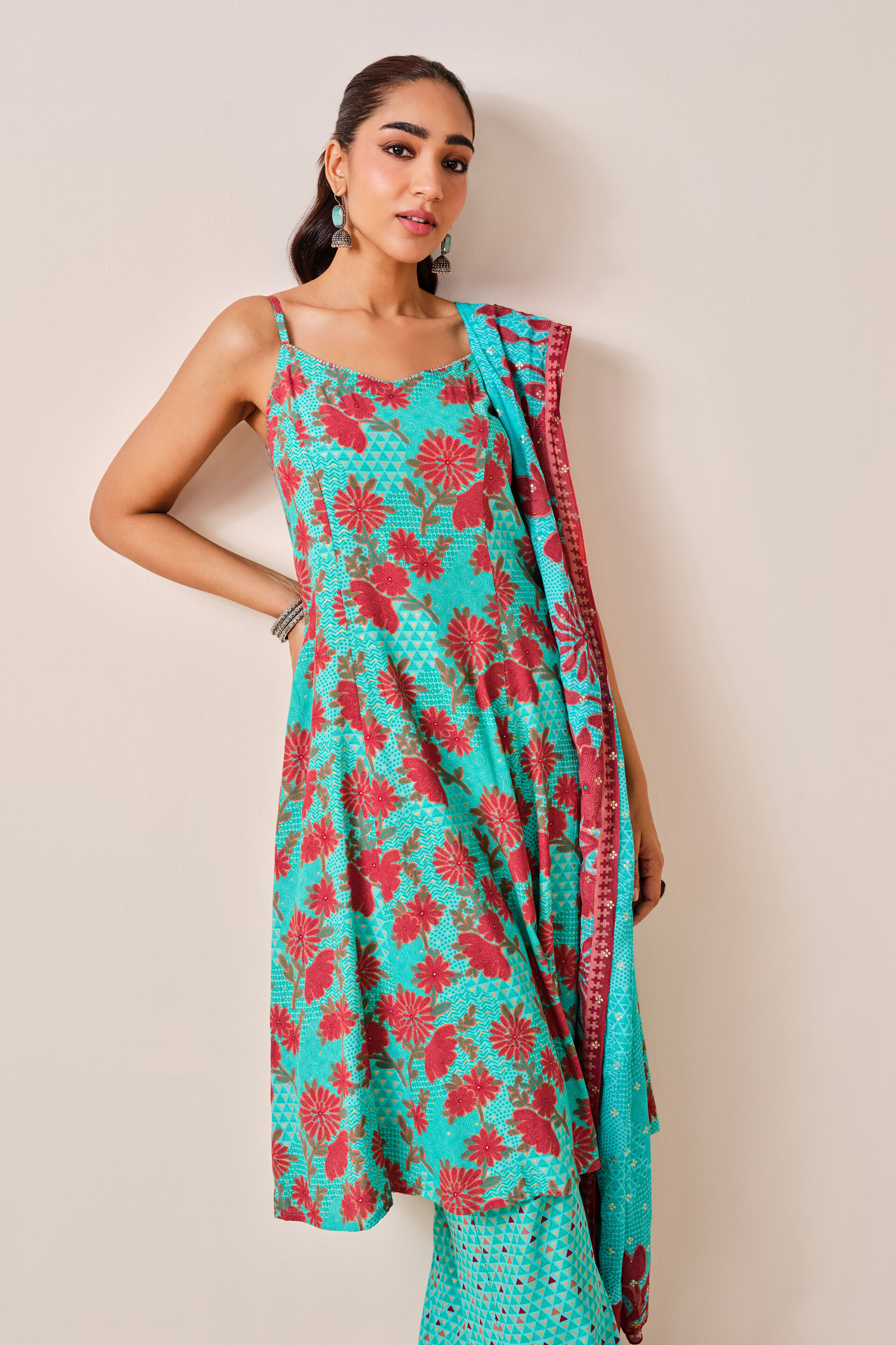 Aqua Floral Print Viscose Set , Aqua, image 8