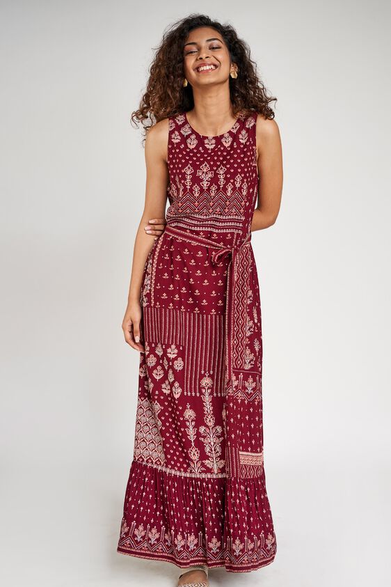 1 - Maroon Floral Printed Fit And Flare Dress, image 1