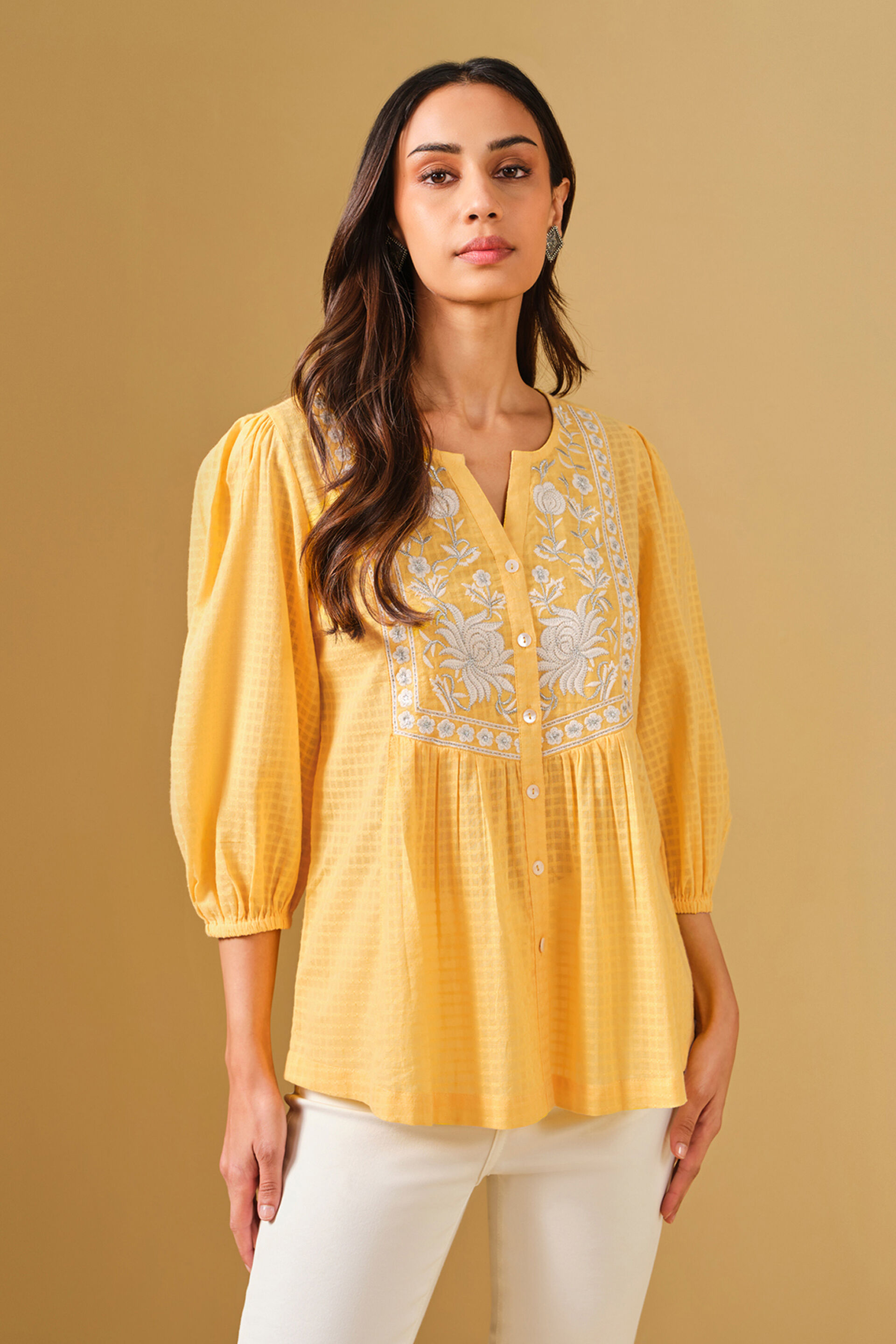 Floral Embroidered Yellow Viscose Top, Yellow, image 2