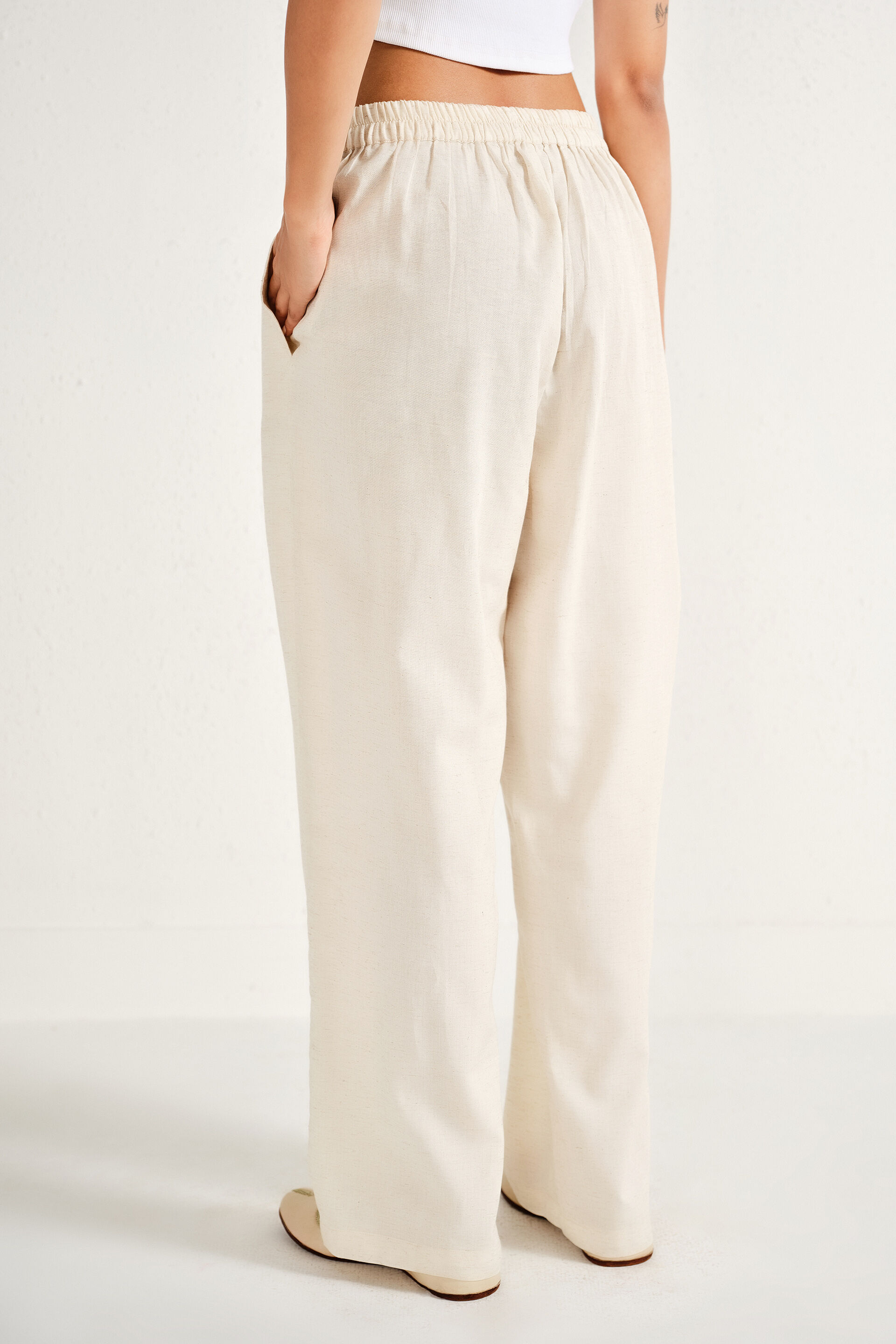 Natural Linen-Blend Narrow Pants, Natural, image 3