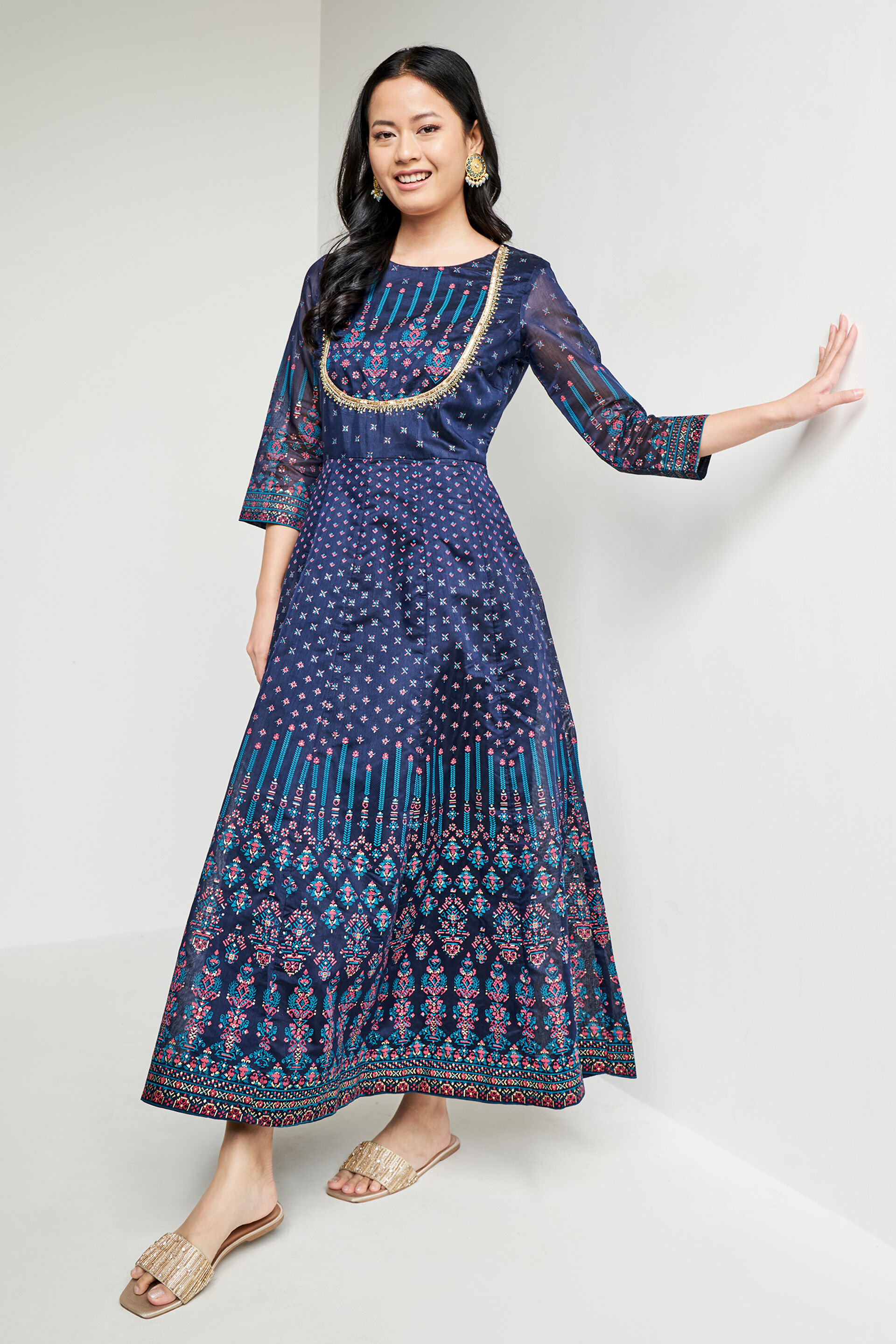 Buy Indigo Ethnic Motifs Flared Kurta Online at Best Price at Global Desi-  FW22GM013KUCHD