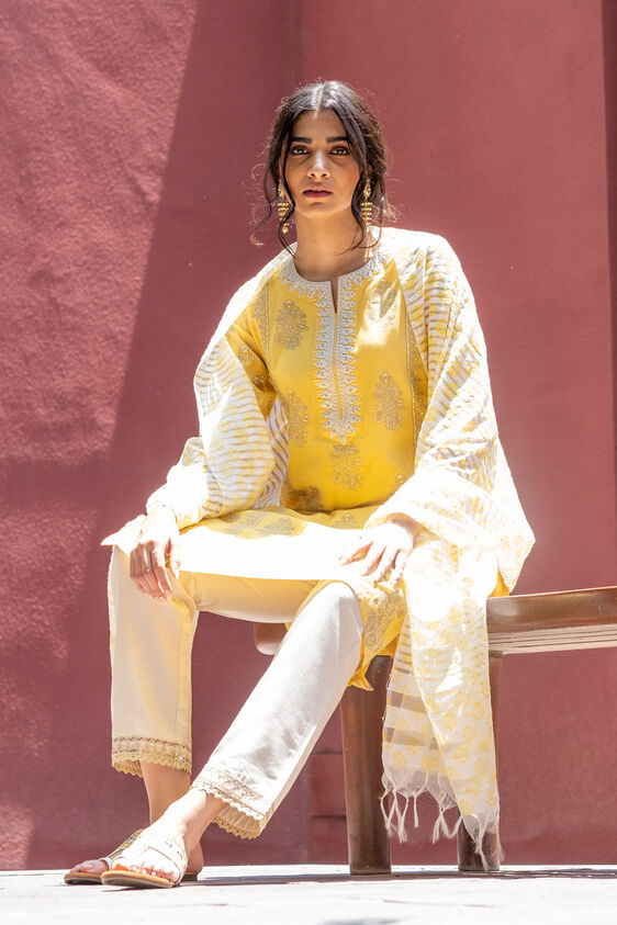 Lime Ethnic Motifs Straight SlipOn Suit Global Desi