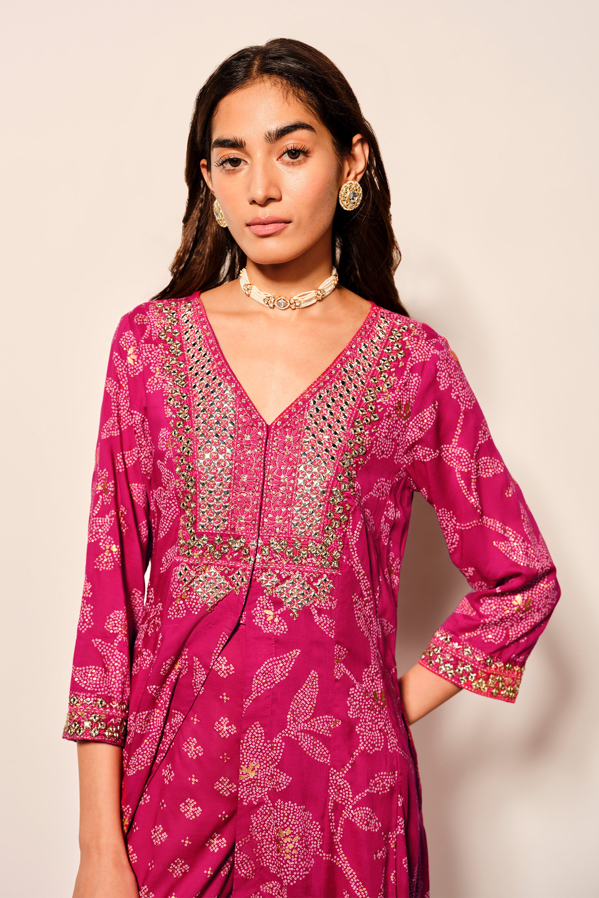 Pink Jacket-Style Viscose Kurta set In Leafy Print, Pink, image 5