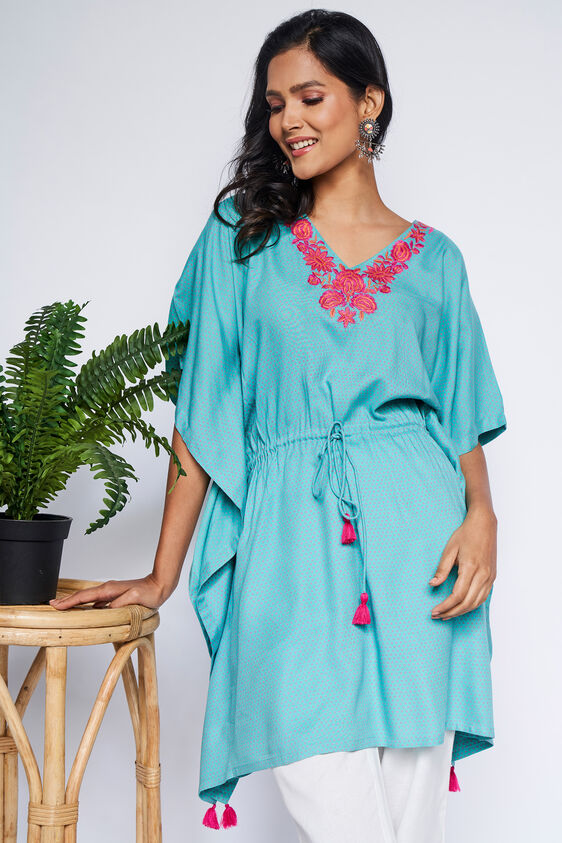 Teal Polka Dots Kaftan Tunic, Teal, image 1
