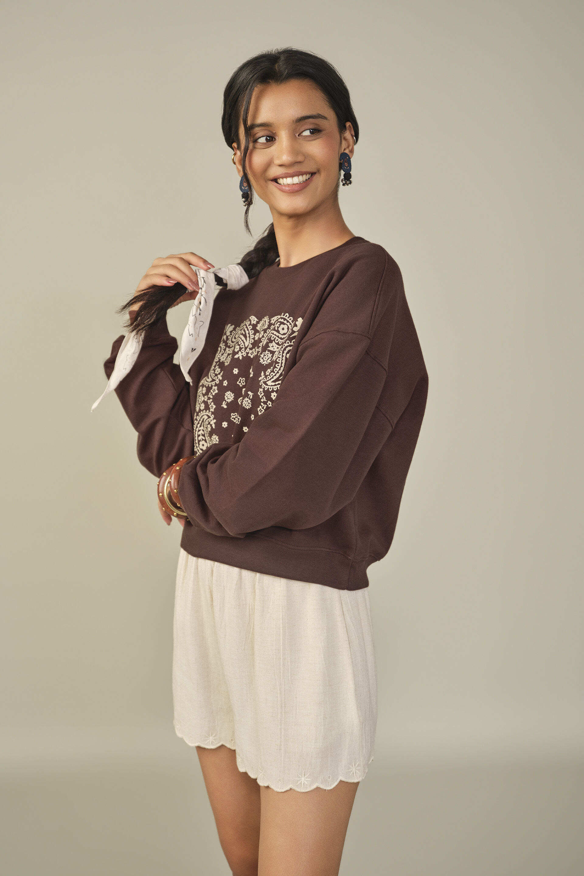 Printed Cotton Sweatshirt in Brown, Brown, image 5