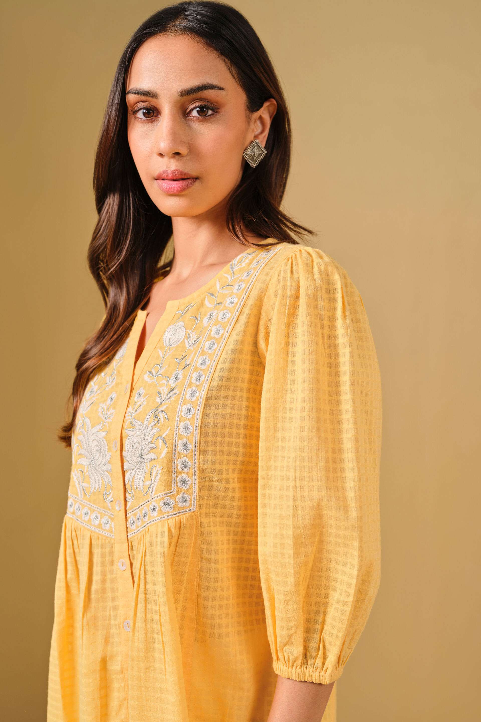 Floral Embroidered Yellow Viscose Top, Yellow, image 4