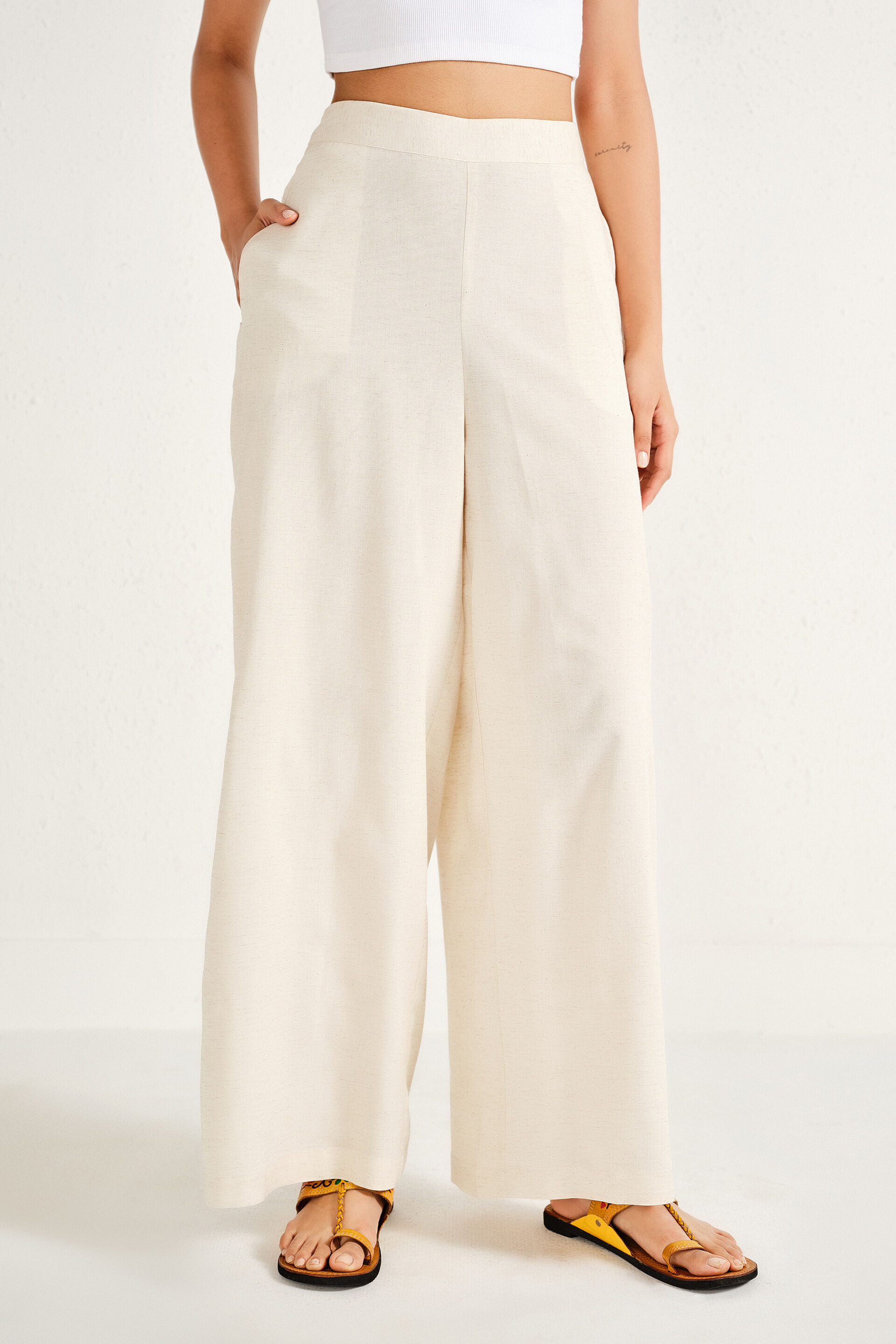 Natural Linen-Blend Palazzo Pants, Natural, image 2