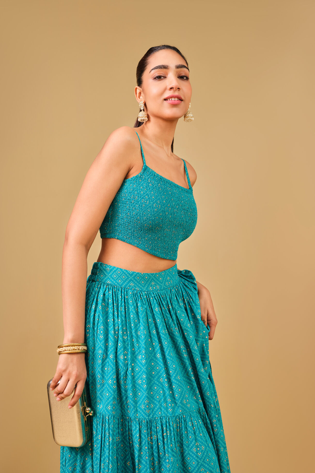 Bandhani Inspired Blue Viscose Skirt Set, Aqua, image 8