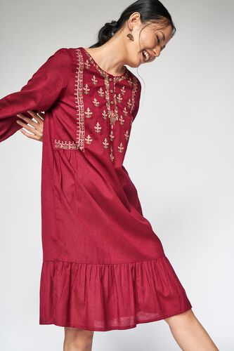 4 - Wine Embroidered A-Line Dress, image 4