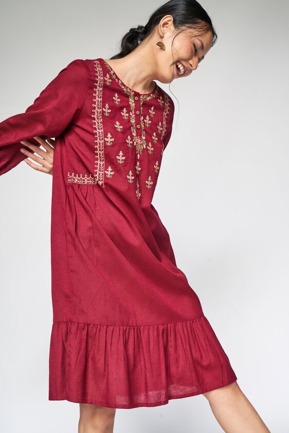 4 - Wine Embroidered A-Line Dress, image 4