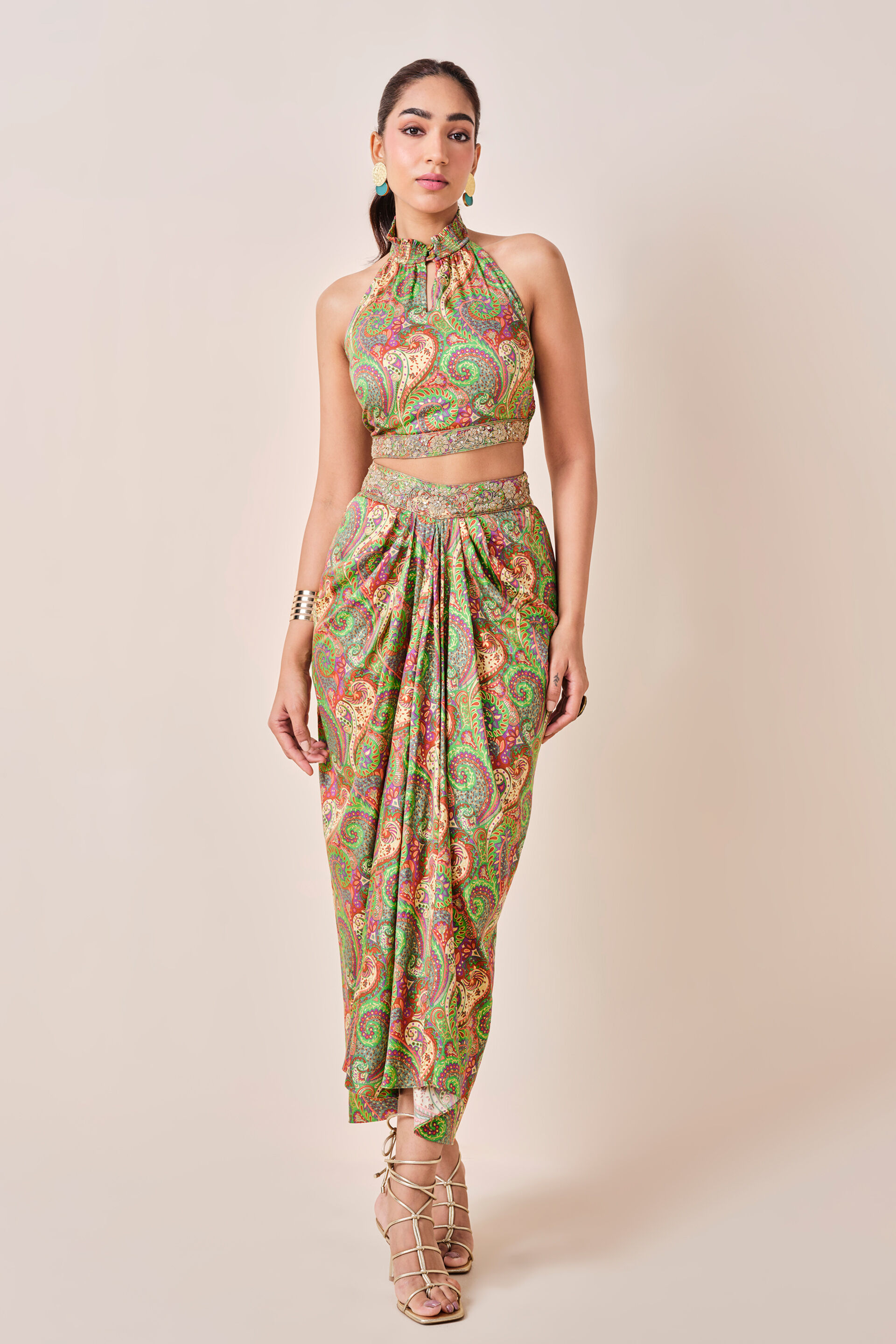 Green Motif Print Drape Skirt Set, Green, image 5