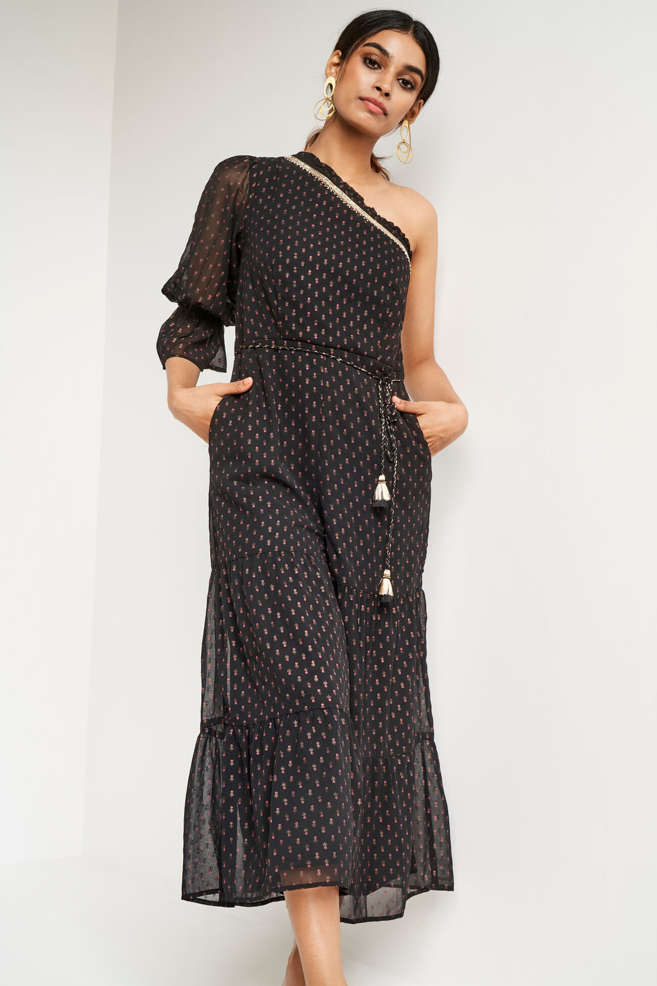 Black Khadi Straight Jump Suit, Black, image 2