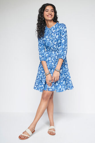Blue Floral Gathered Shirt Style Dress, Blue, image 2