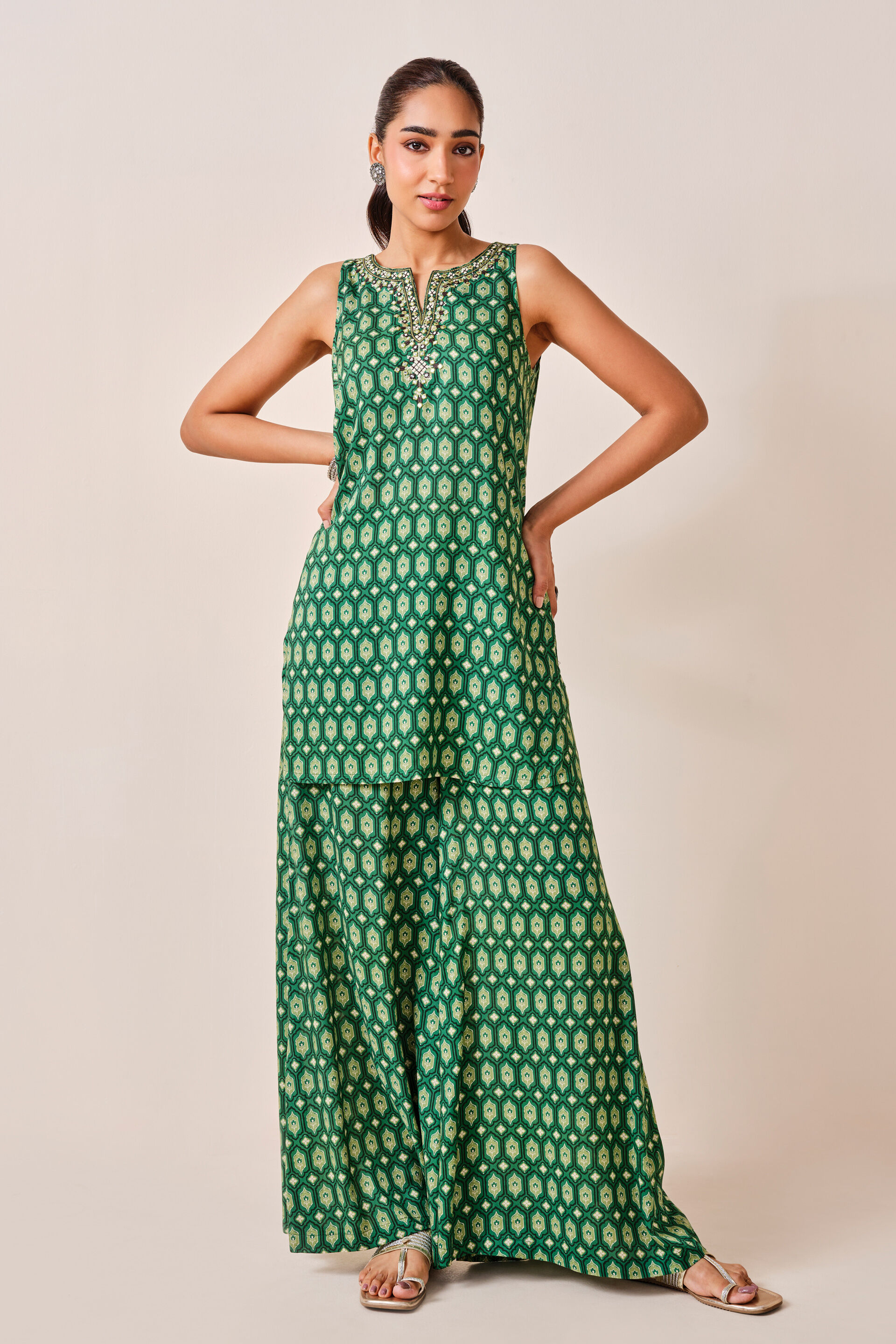 Lattice Inspired Print Viscose Kurta Set, Green, image 9