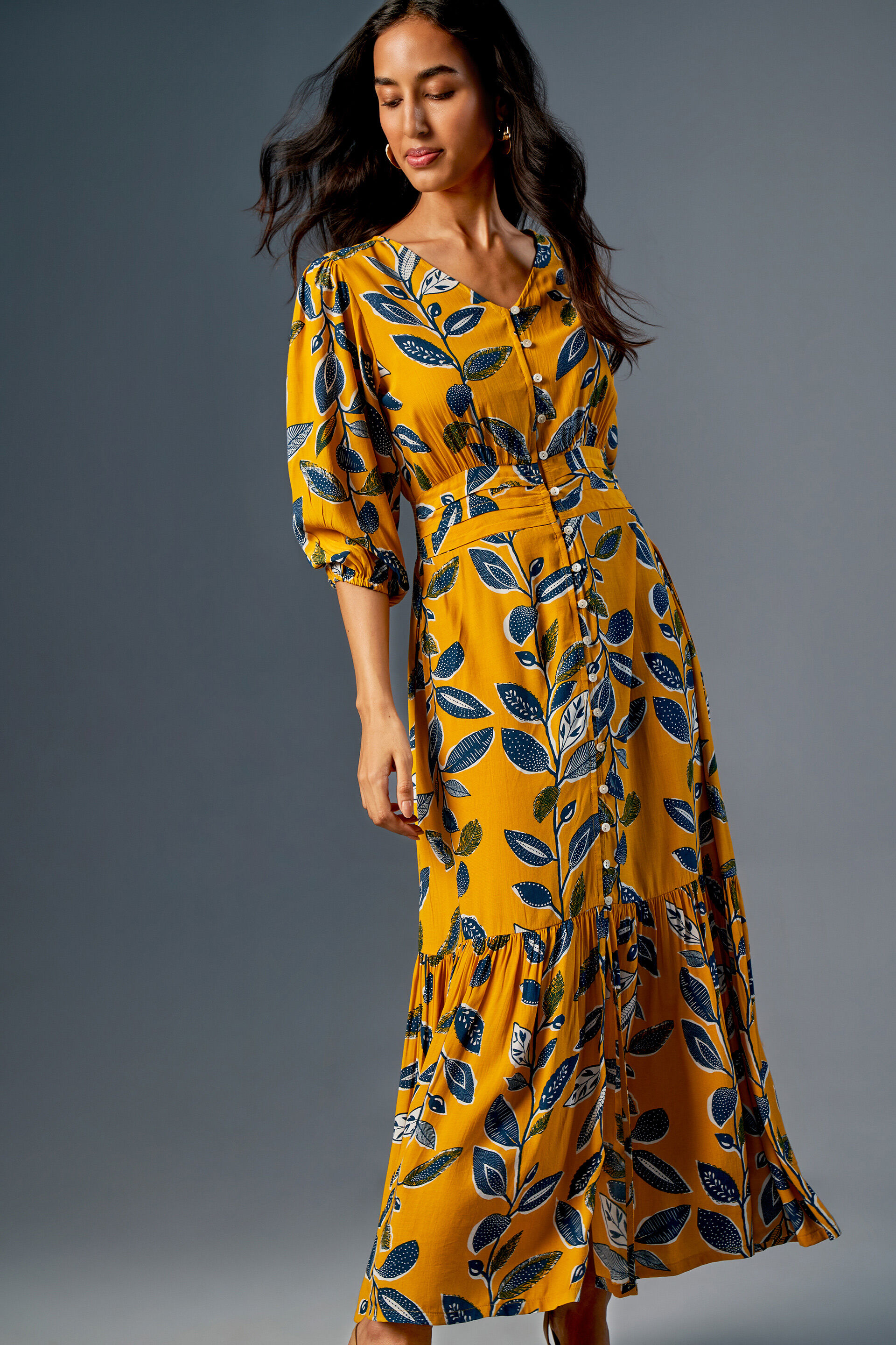 Flower Bright Tiered Summer Maxi Dress, Mustard, image 8