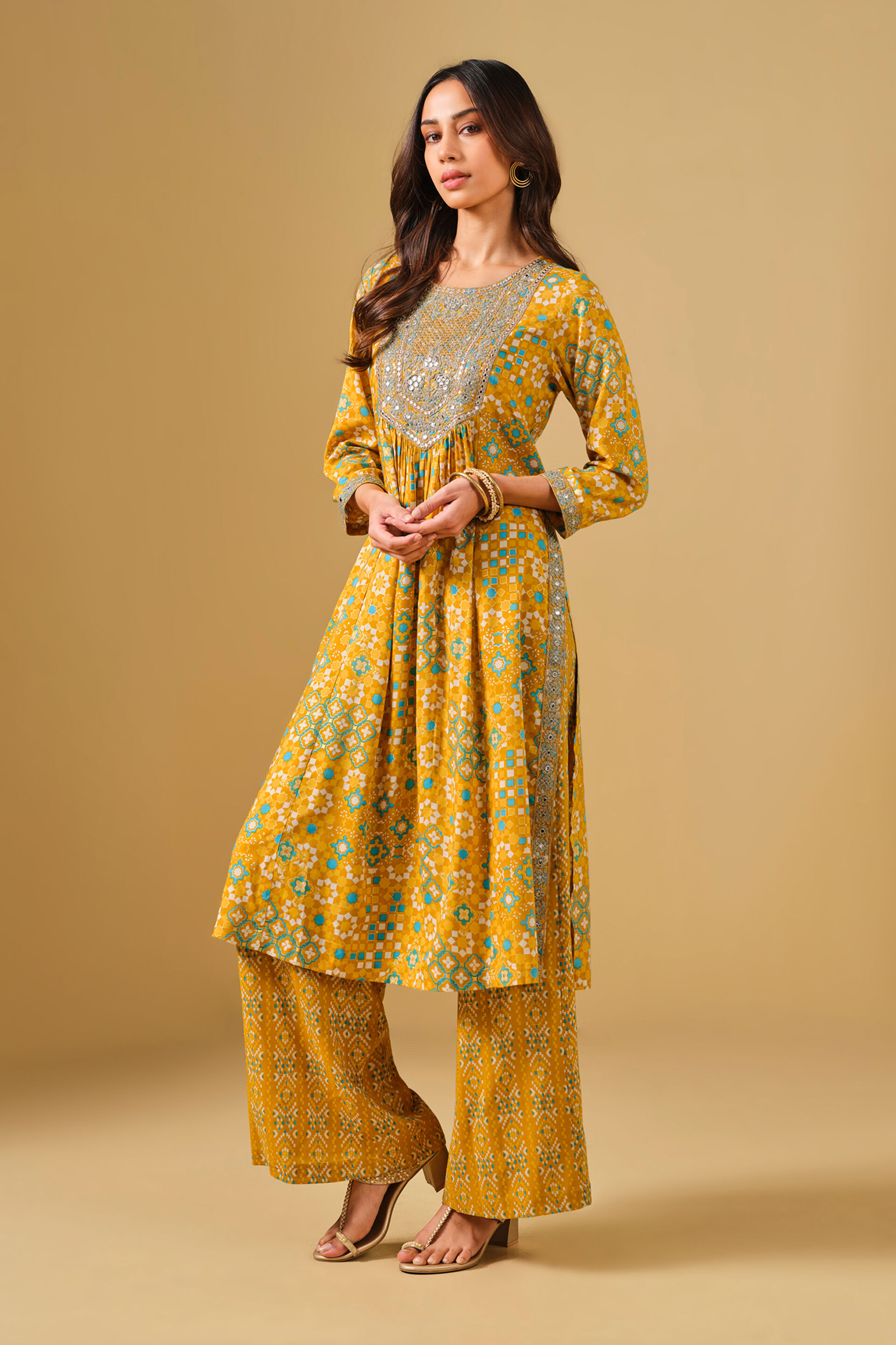 Embroidered Yellow Viscose Kurta Set, Mustard, image 5