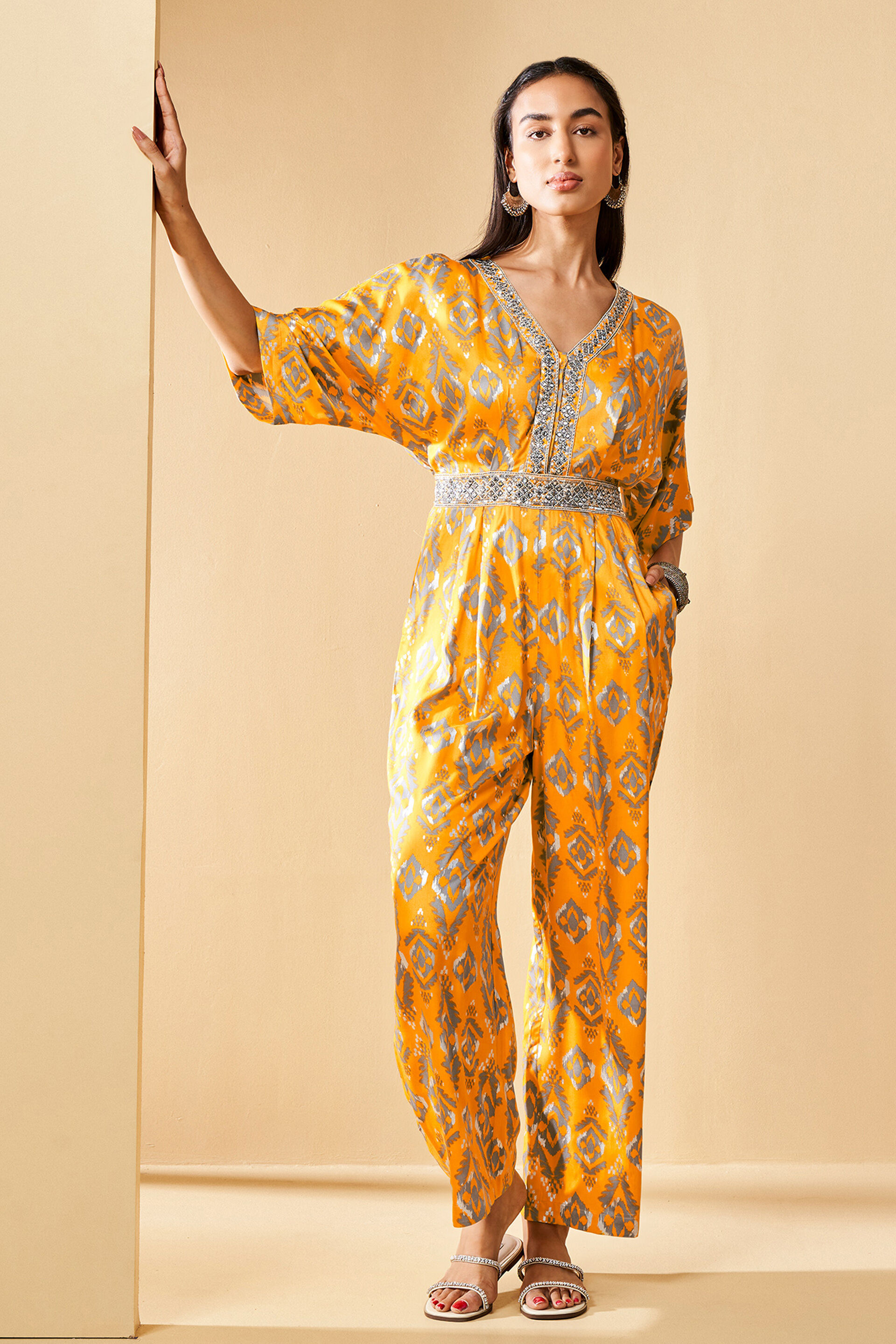 Yellow Embroidered Jumpsuit, Mustard, image 2