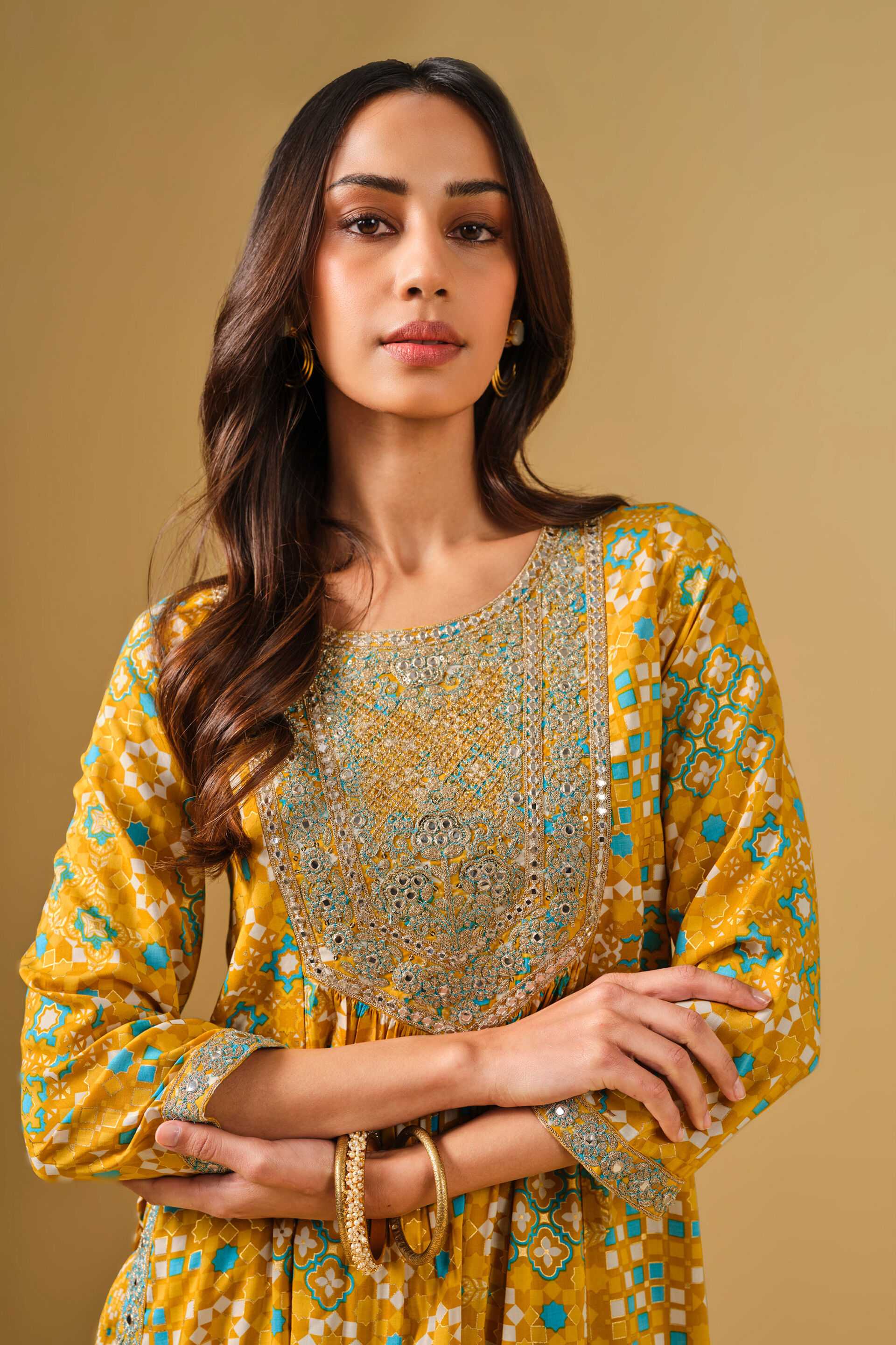 Embroidered Yellow Viscose Kurta Set, Mustard, image 8