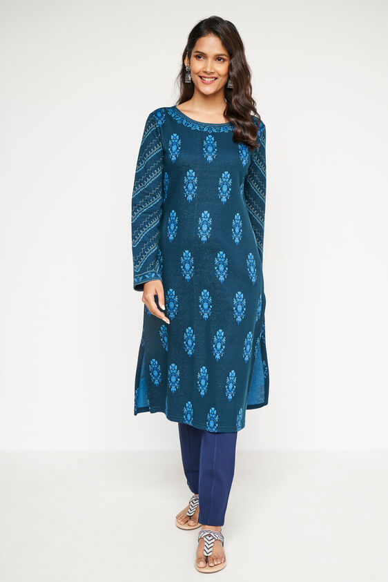 Blue Jacquard Straight Slip-On Kurta, Blue, image 3