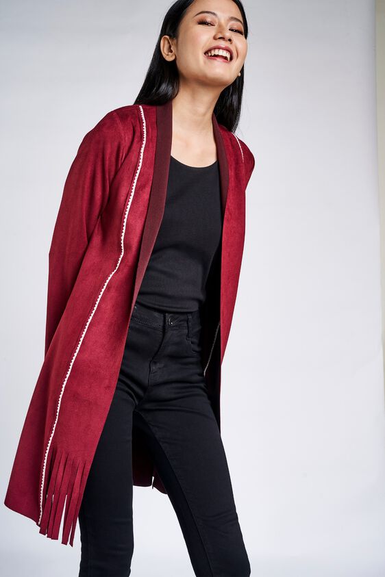 6 - Maroon Fringed Sheath Longline Shrug, image 6