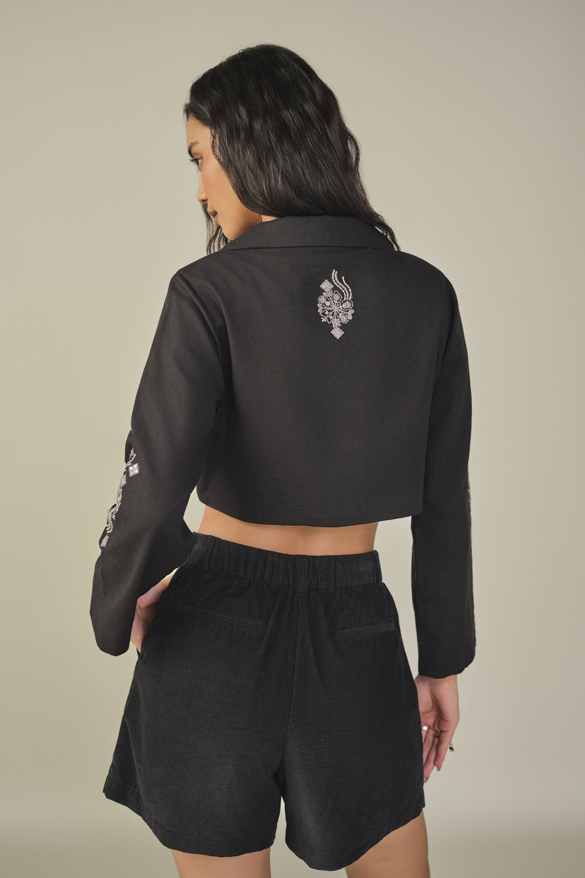 Embroidered Crop Jacket in Black, Black, image 6