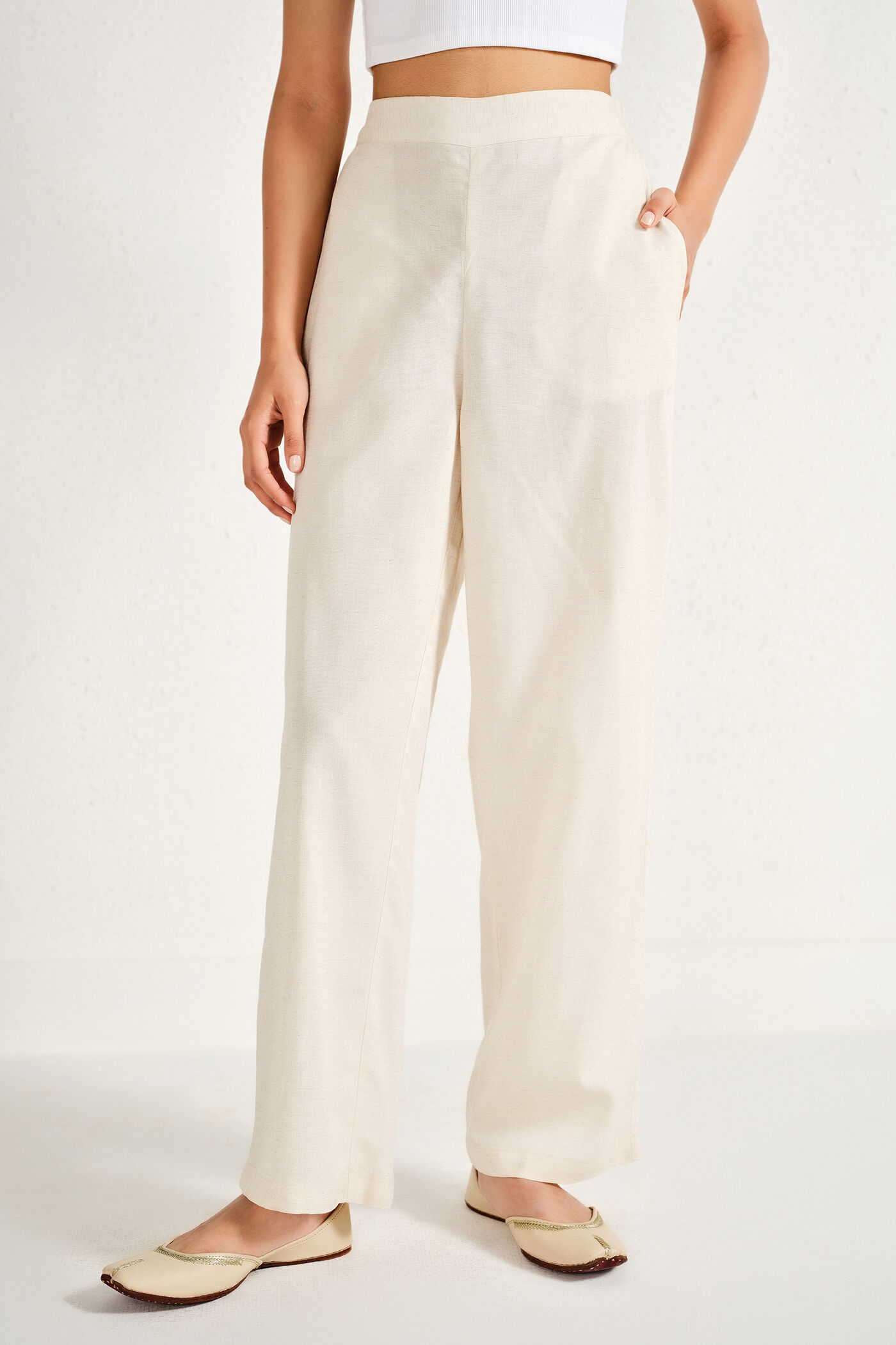 Natural Linen-Blend Narrow Pants