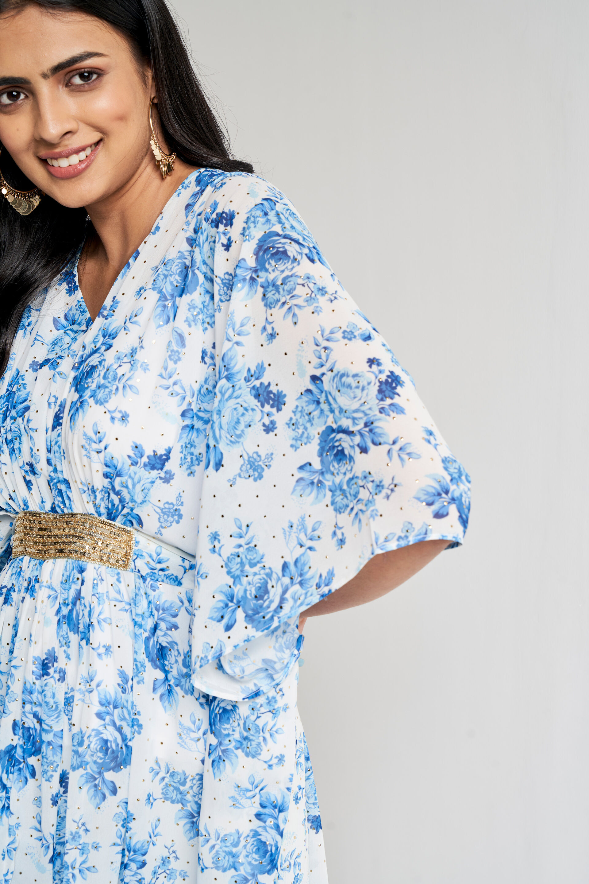 White Floral Asymmetric Gown, White, image 3