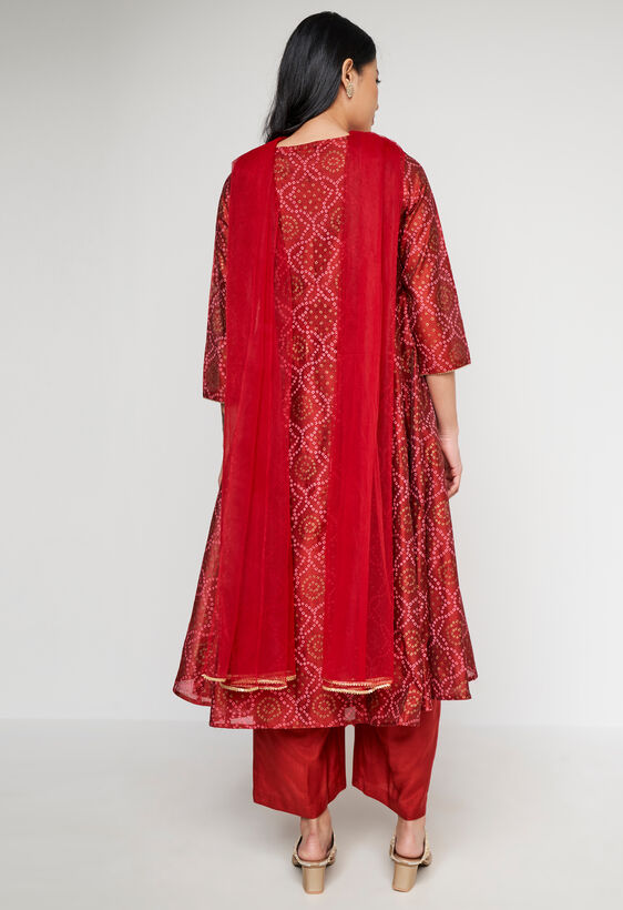 Red Ethnic Motifs Curved Suit, Red, image 4