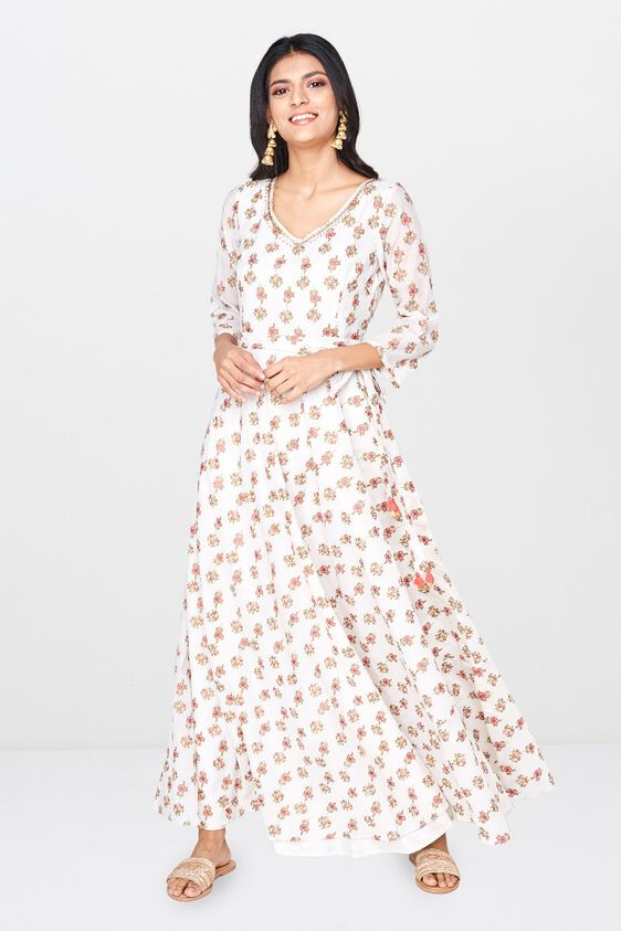 1 - Off White Floral V-Neck Fit and Flare Gown, image 1