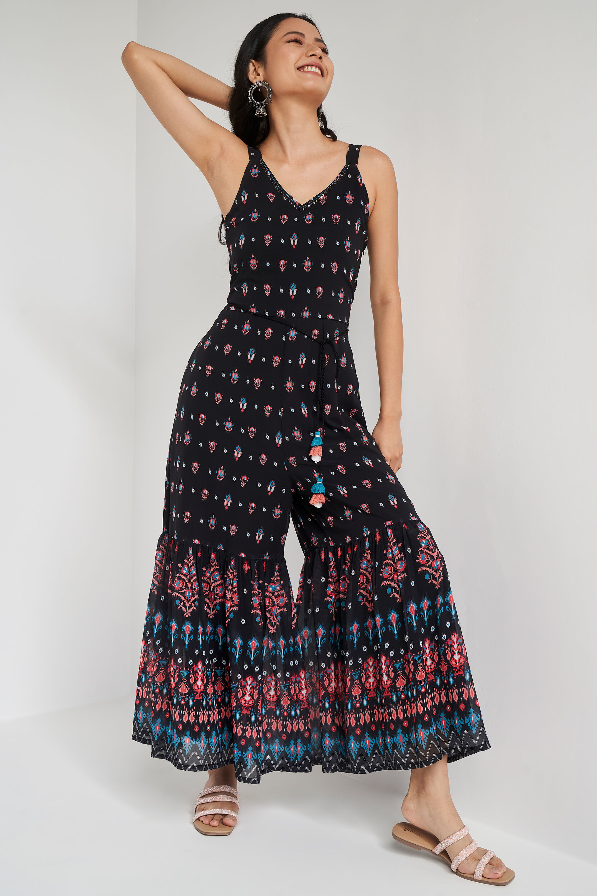 Buy Black Floral Flared Jump Suit Online at Best Price at Global