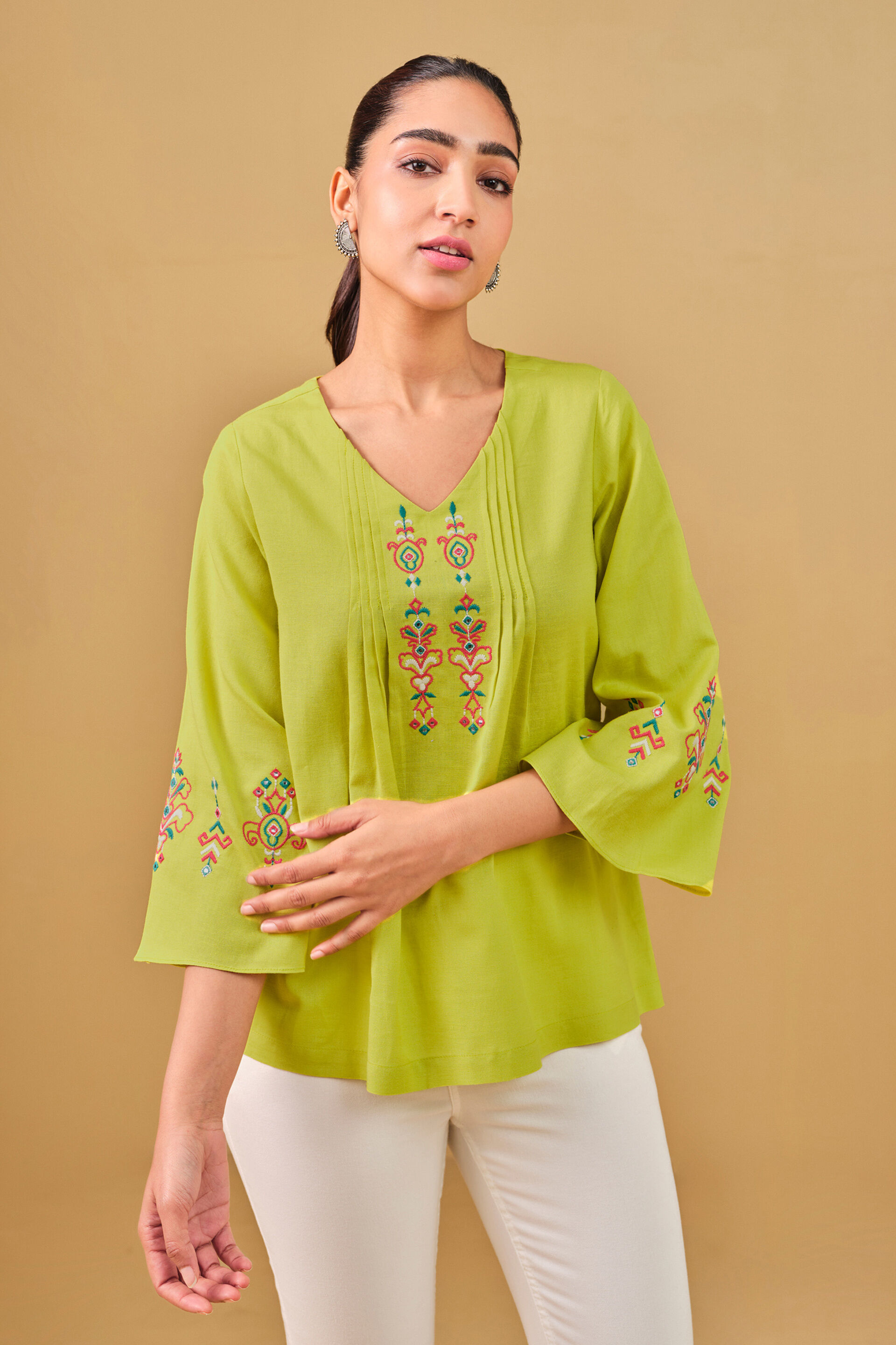 Pleated Lime Green Embroidered Top