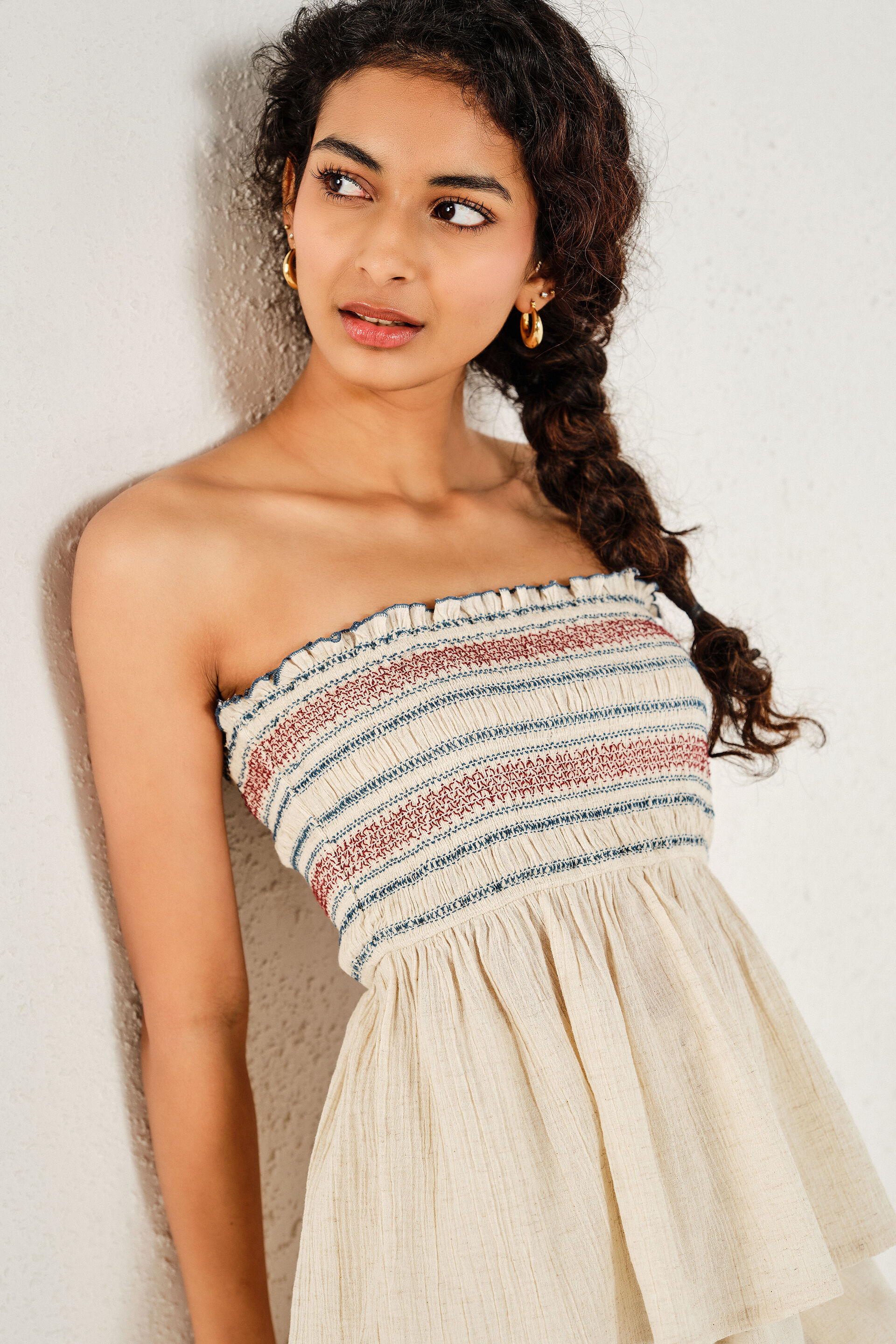 Cream Smocked Strappy Bandeau Top, Cream, image 2