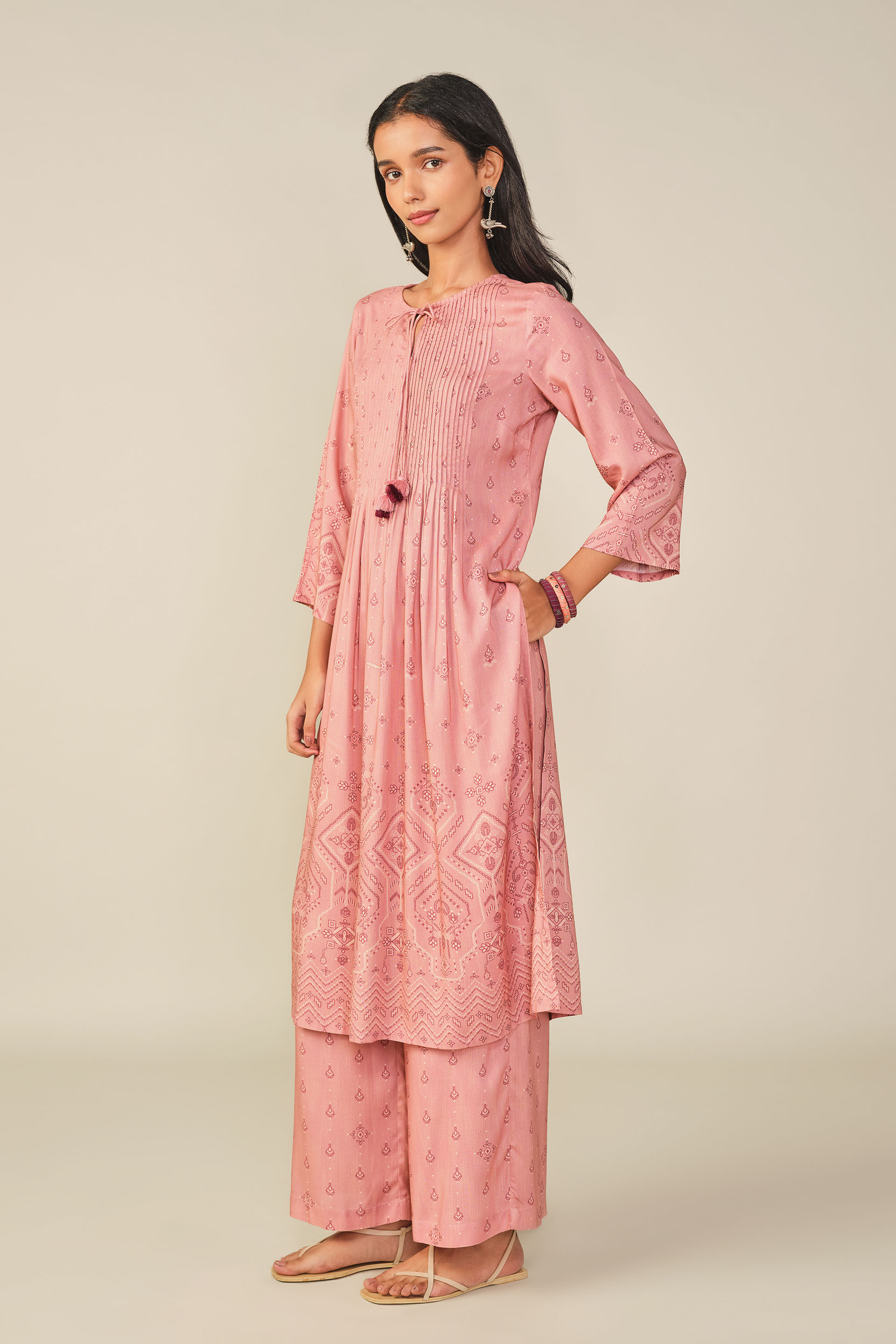 A-Line Printed Kurta Set in Pink, Pink, image 3