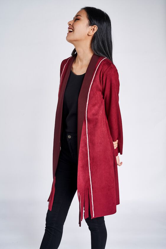 5 - Maroon Fringed Sheath Longline Shrug, image 5